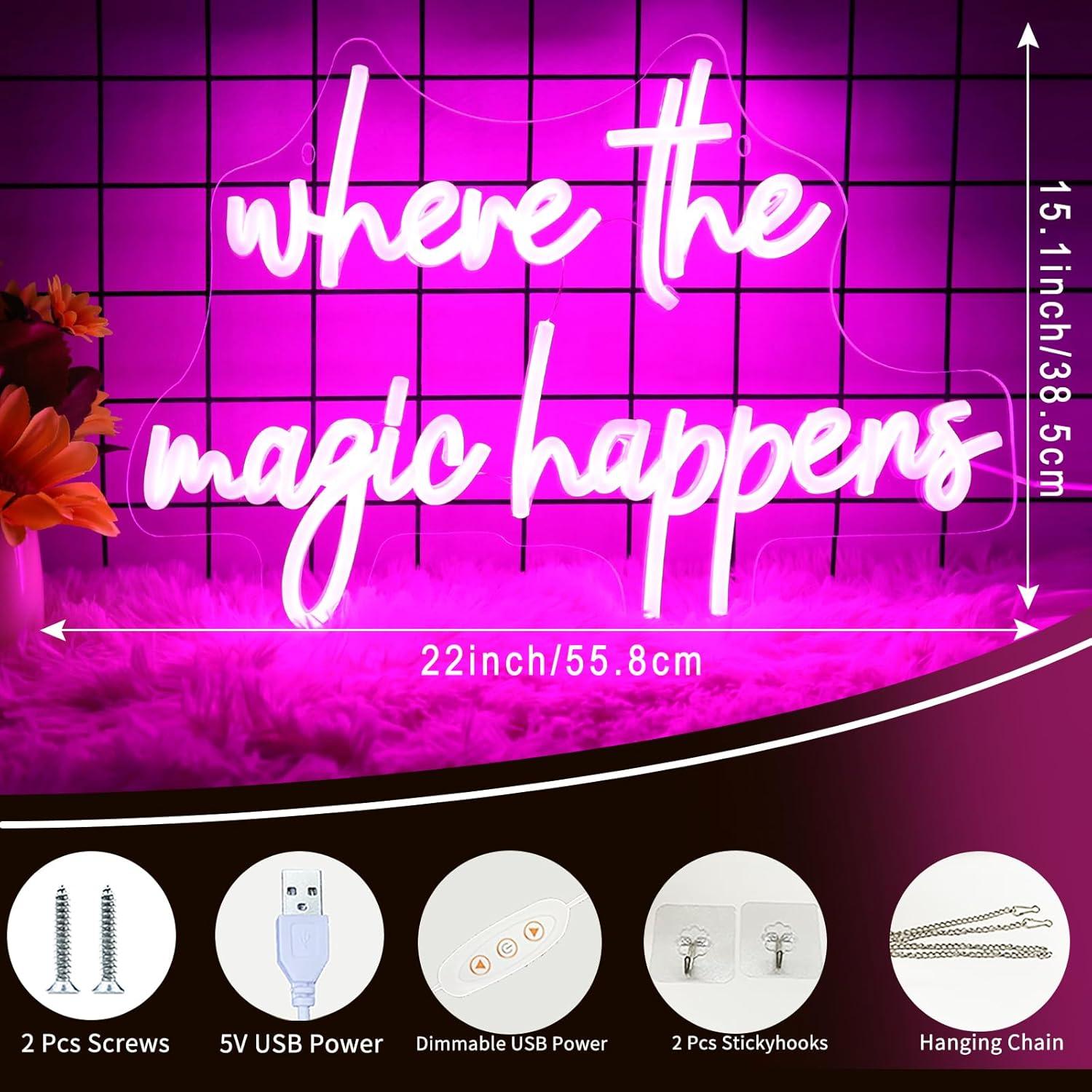 Letrero Neón LED Rosa Donde La Magia Sucede 33x56 cm