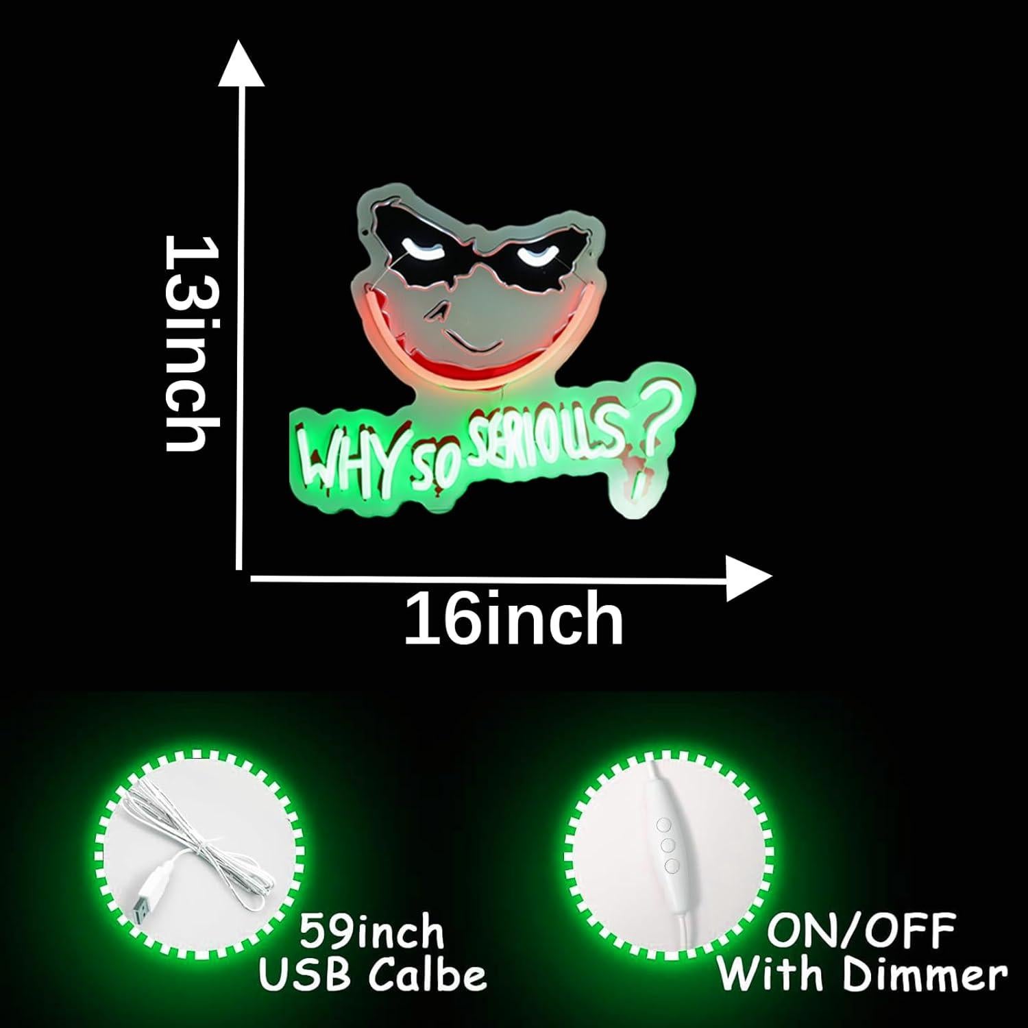 Why So Serious Uv Print Neon Signs for Wall Decor,Funnly Joker Neon Lights with Dimmer Swith,USB Power Joker LED Neon Lights for Bedroom Living Room Birthday Party Man Cave Movie Fans Giftss