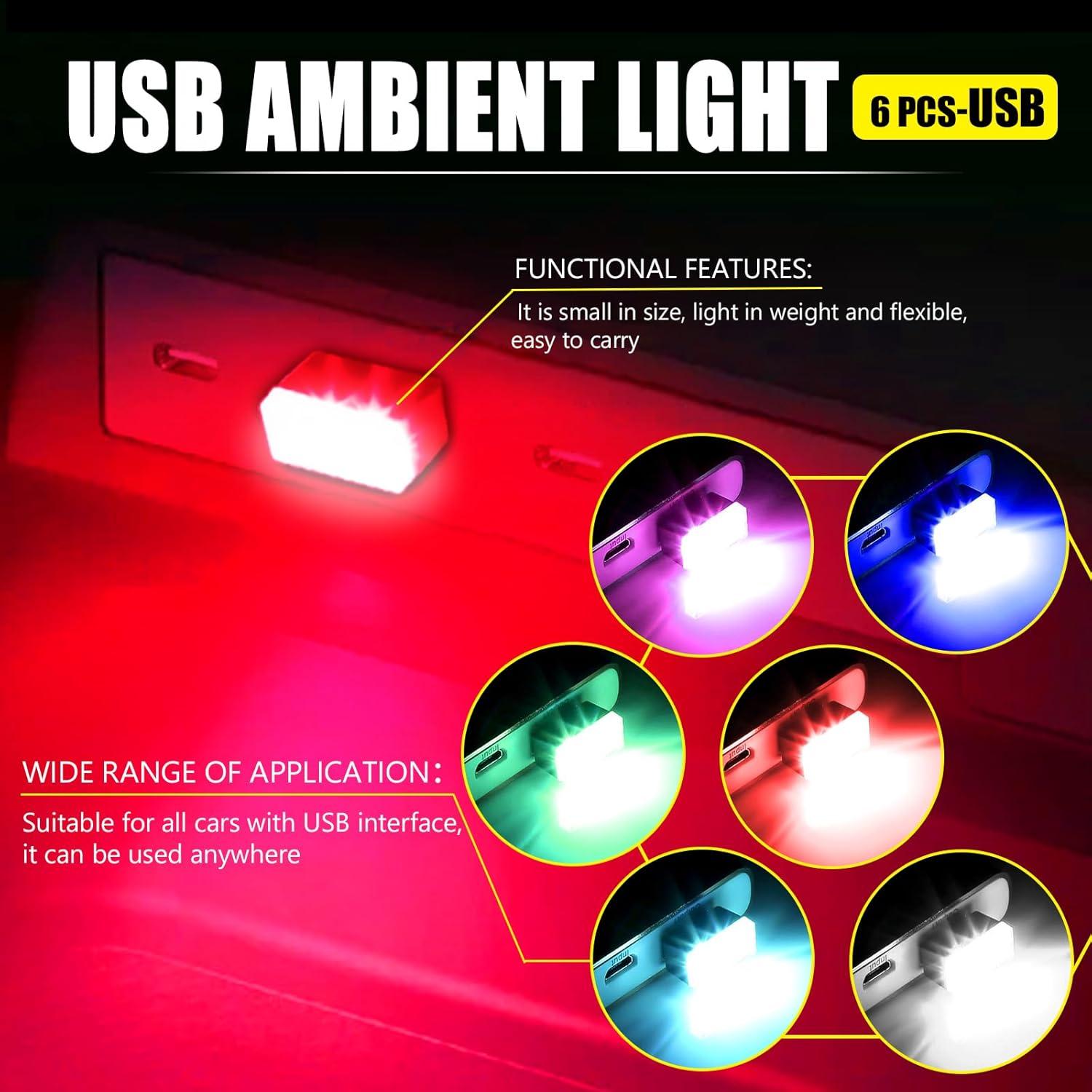 4 Lámparas LED USB para Interior de Coche Hbxdeco - 6 Colores
