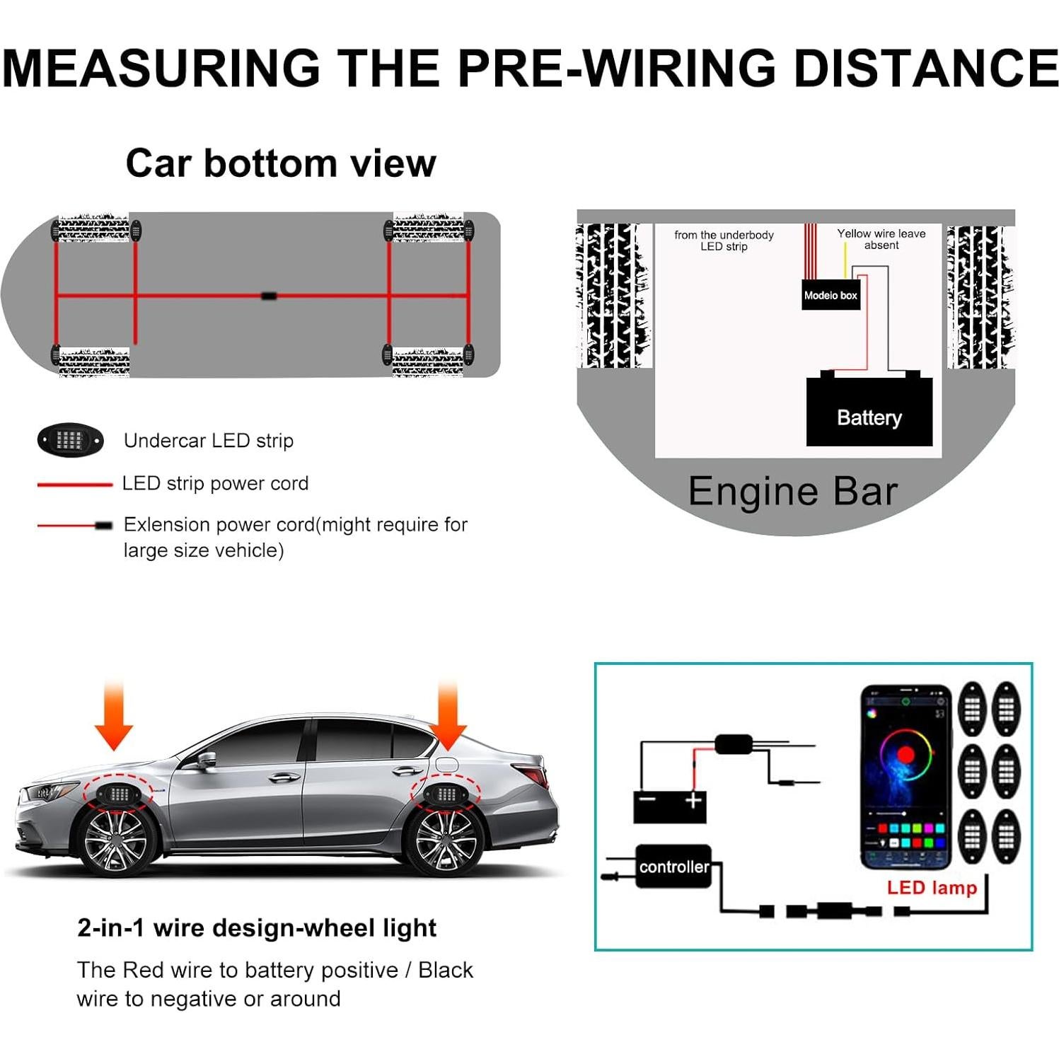 Cable de extensión LED RGB Ohleats 119 cm para automóviles