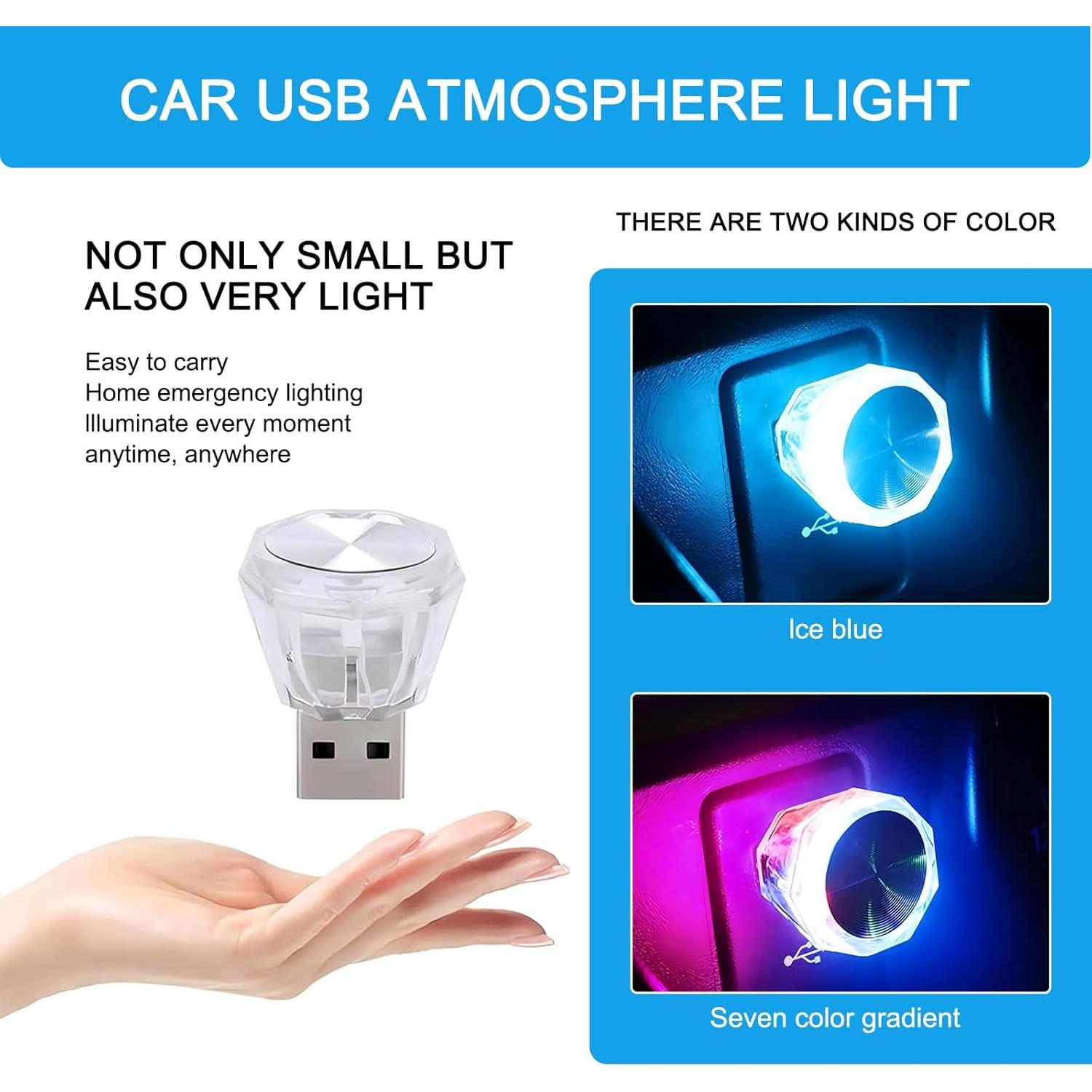 2 PCS Car Interior LED Atmosphere Light, Plug-in Mini USB Interface Wireless Romantic Decoration Night Light, Portable Car Ambient Lighting Kit, Universal for Cars (Blue)