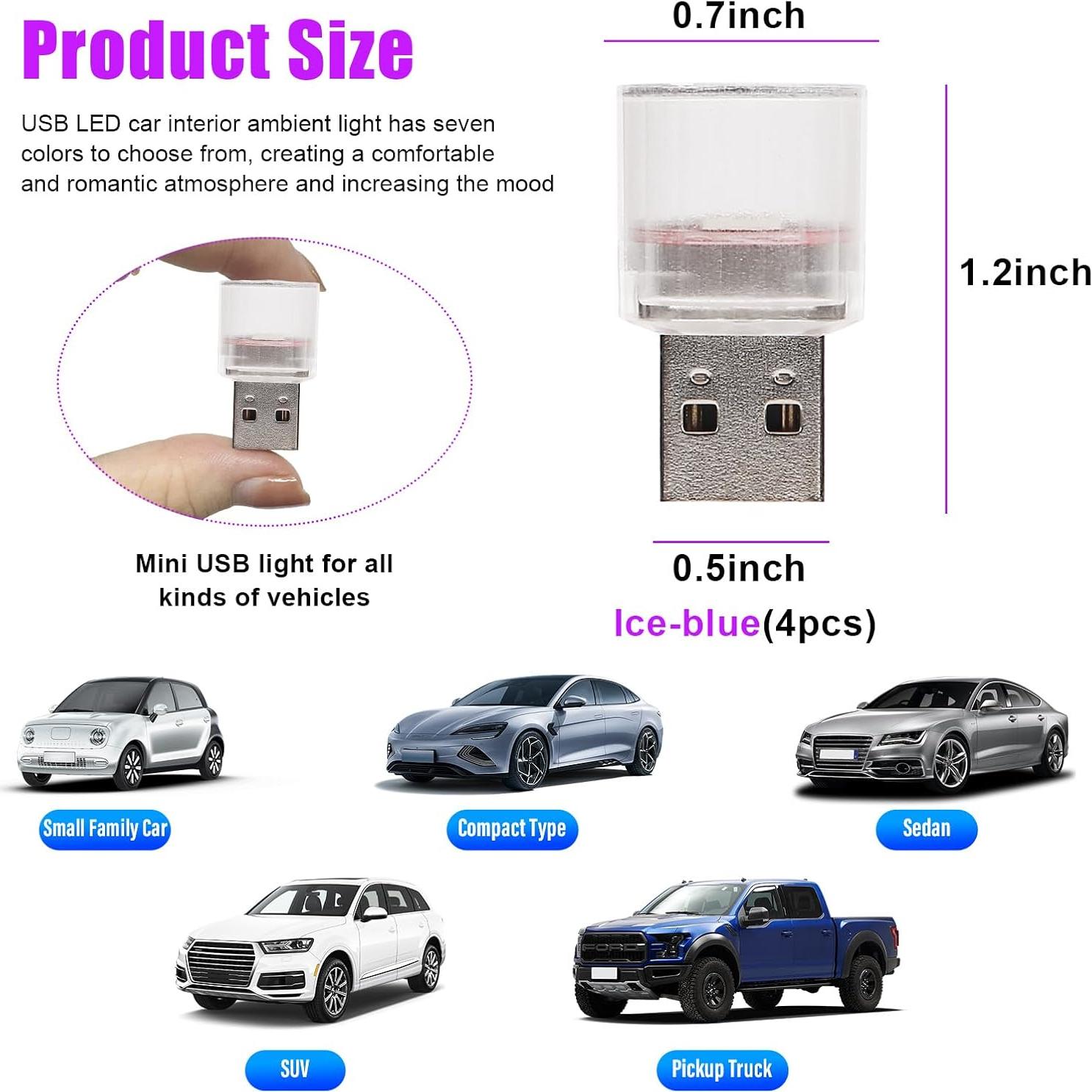 4 PCS Luz de Ambiente LED USB Sylvil para Interior de Coche Azul Hielo