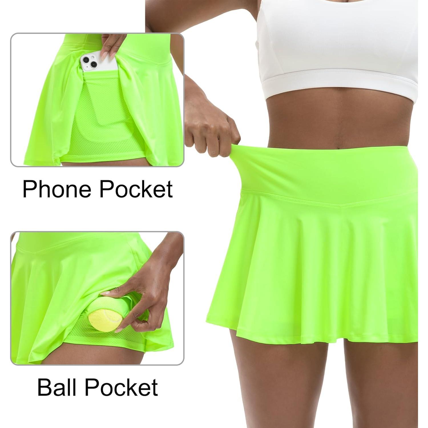 Falda de Tenis LTMNSZO Verde Neón Cintura Alta con Bolsillos