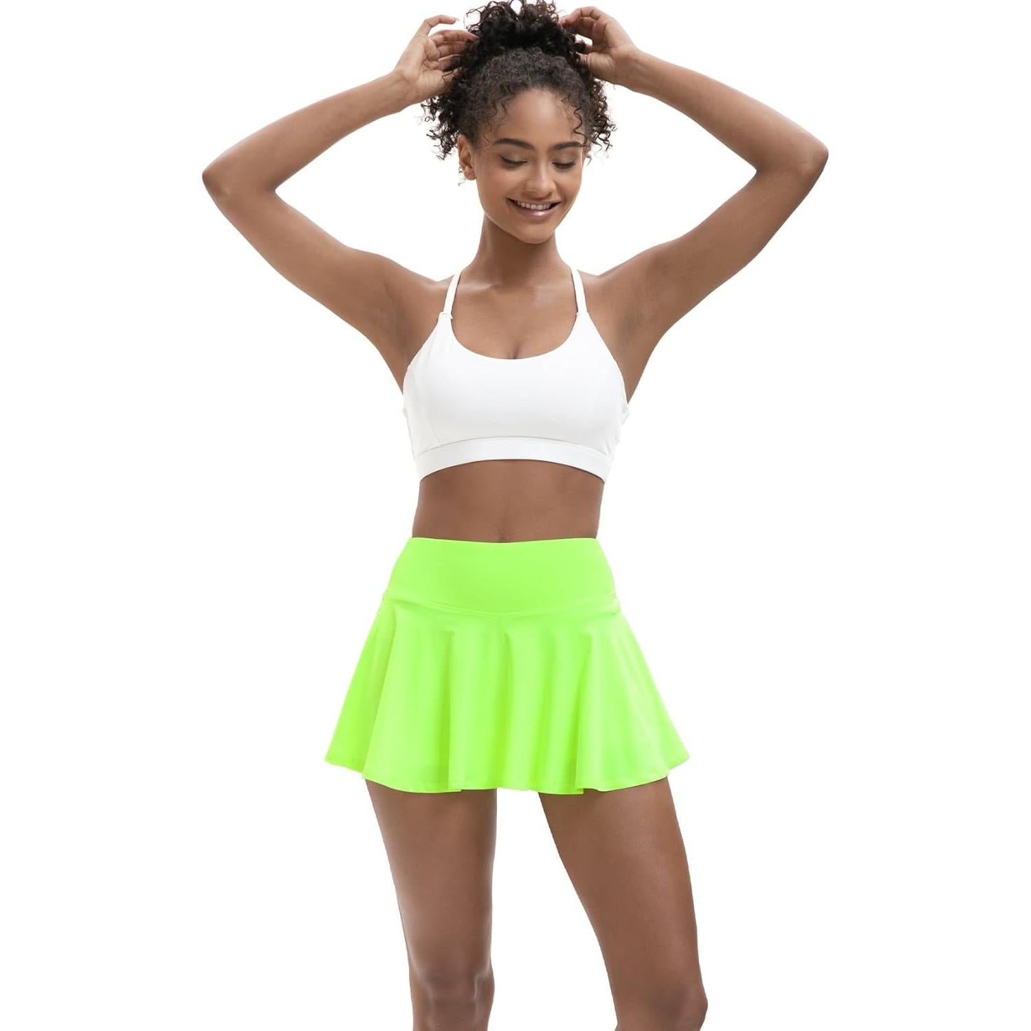 Falda de Tenis LTMNSZO Verde Neón Cintura Alta con Bolsillos