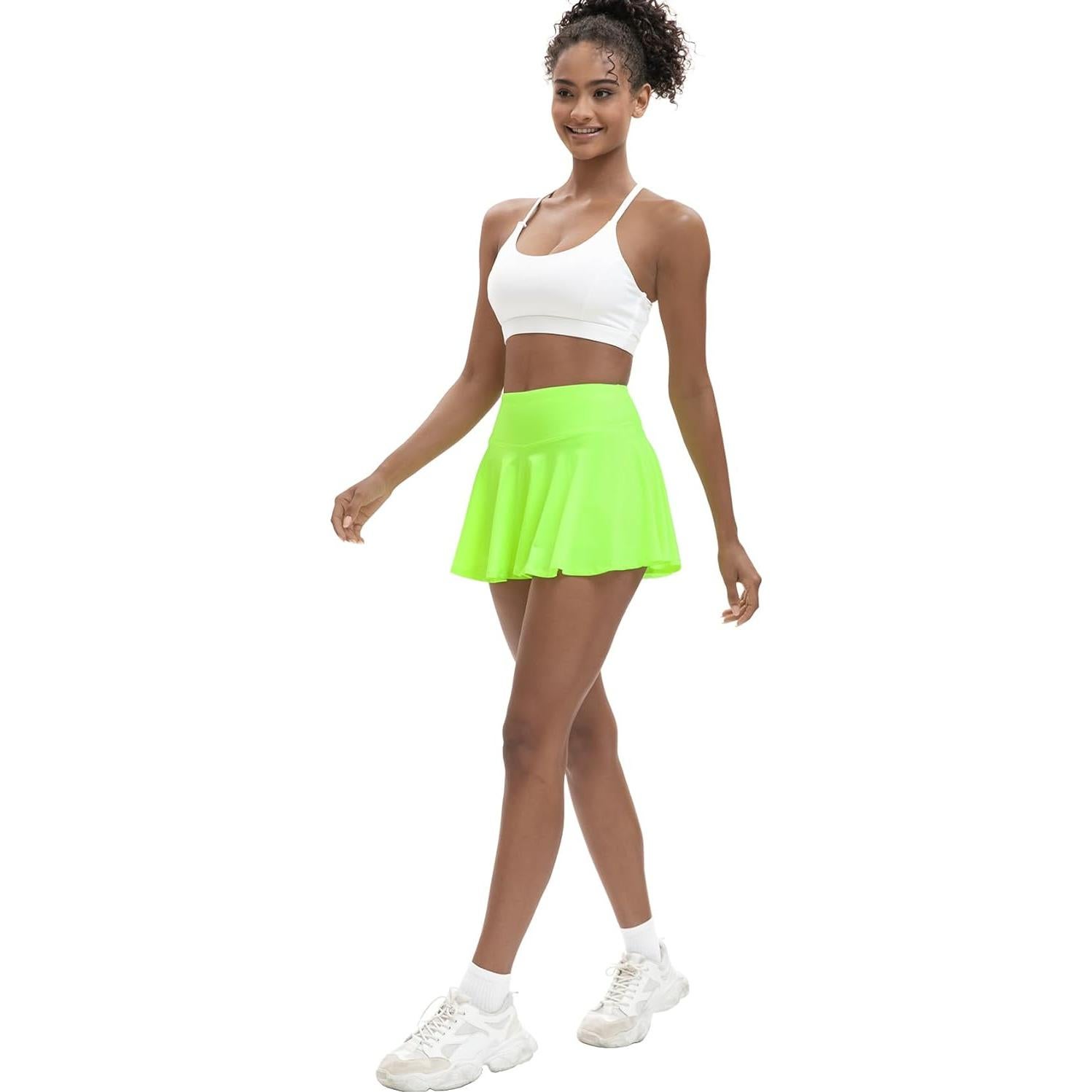 Falda de Tenis LTMNSZO Verde Neón Cintura Alta con Bolsillos