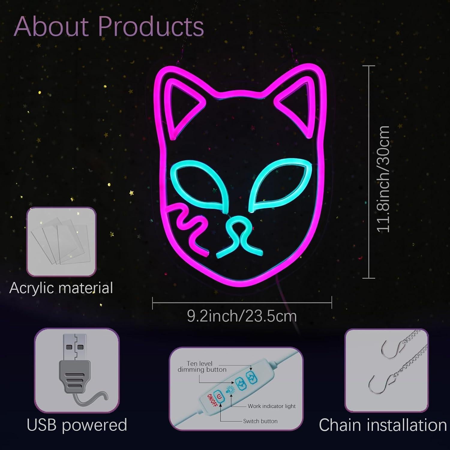 Luz de Neón Cara de Zorro Demonio NAIYISI 30x23.4cm USB