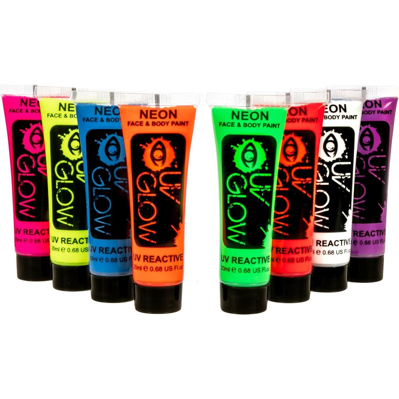 Pintura Facial y Corporal UV Glow Neón Fluorescente - Set 8 Tubos 20ml