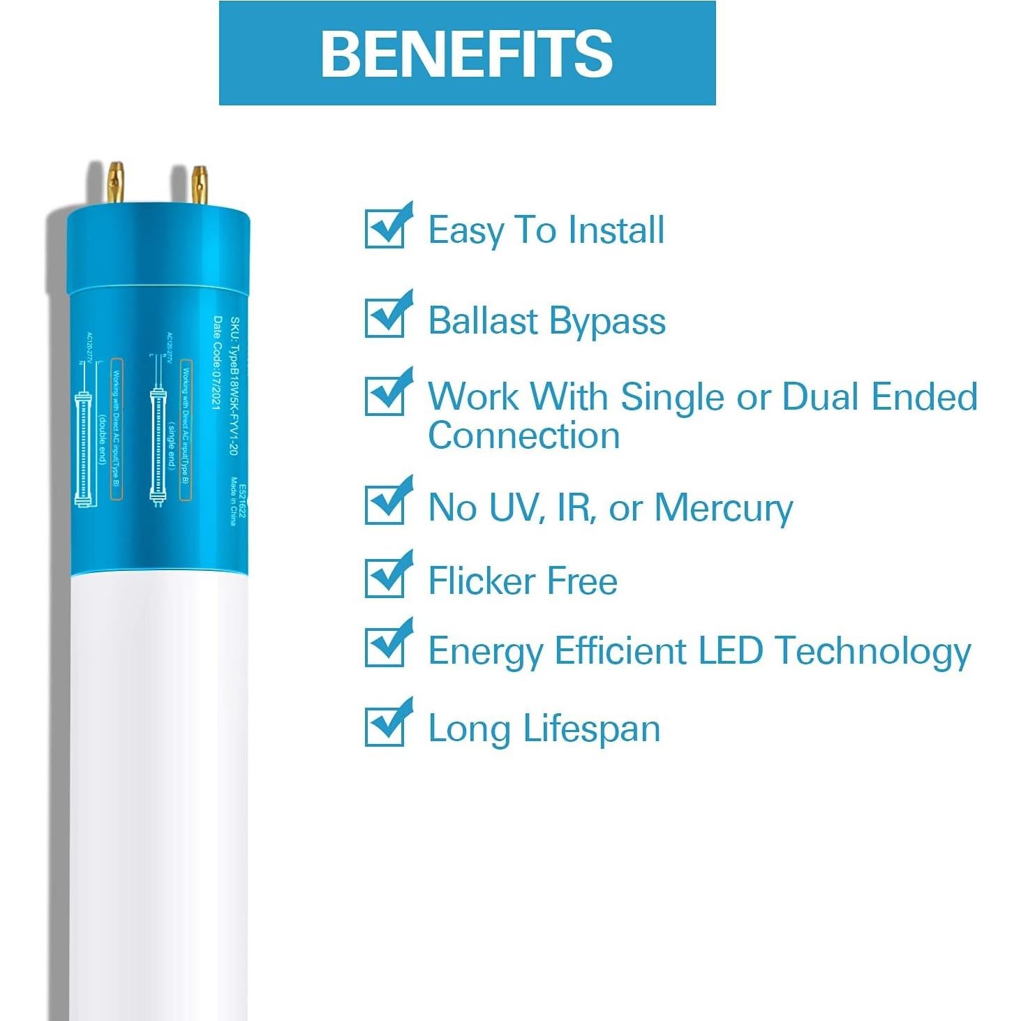 Tubo LED T8 Hykolity 4FT 18W 2400lm 5000K Bypass Balasto