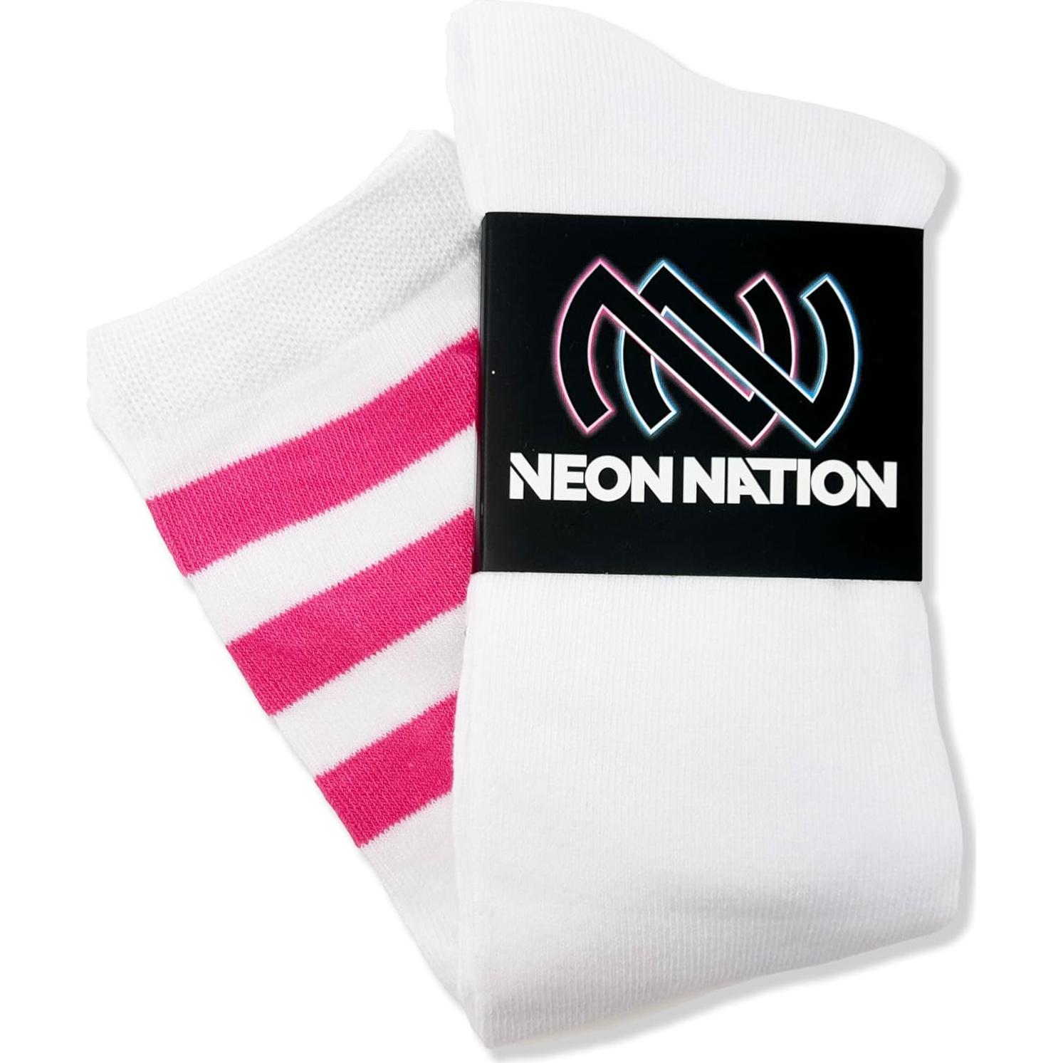 Medias Tubulares Altas Unisex Neon Nation Blancas con Rayas