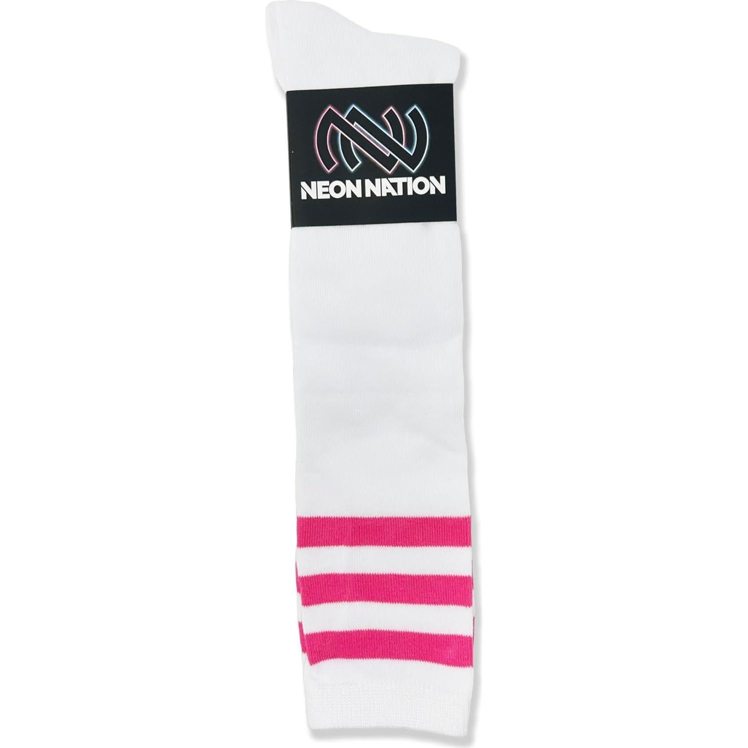 Medias Tubulares Altas Unisex Neon Nation Blancas con Rayas