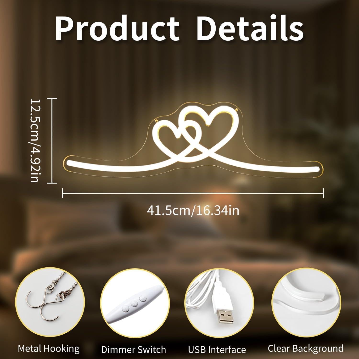 Cartel de Neón Doble Corazón LED Regulable Vveikea 41.4x11cm