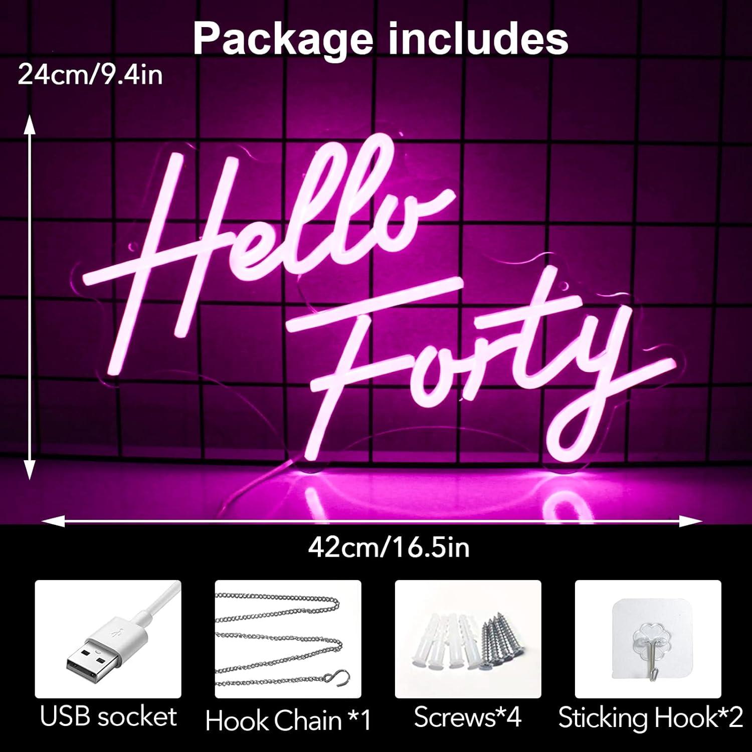 Letrero Neón Hola Cuarenta Jesalah 24x42cm Rosa Dimmable