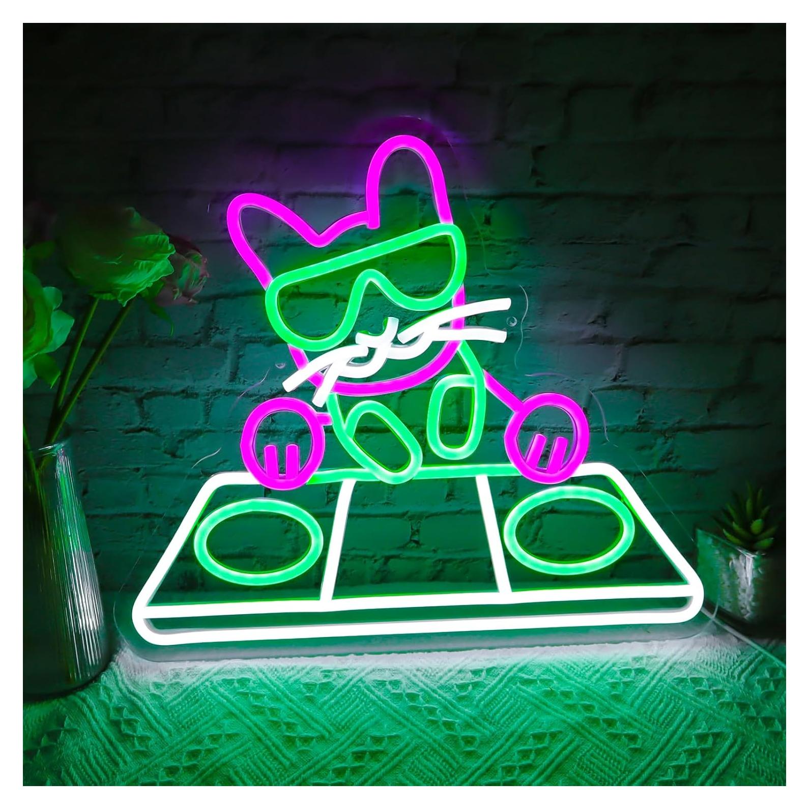 Luz de Neón LED Gato DJ Jesalah - Decoración Retro 43.69x33.94cm