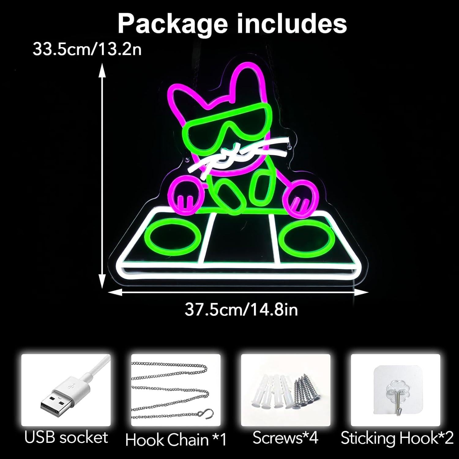 Luz de Neón LED Gato DJ Jesalah - Decoración Retro 43.69x33.94cm