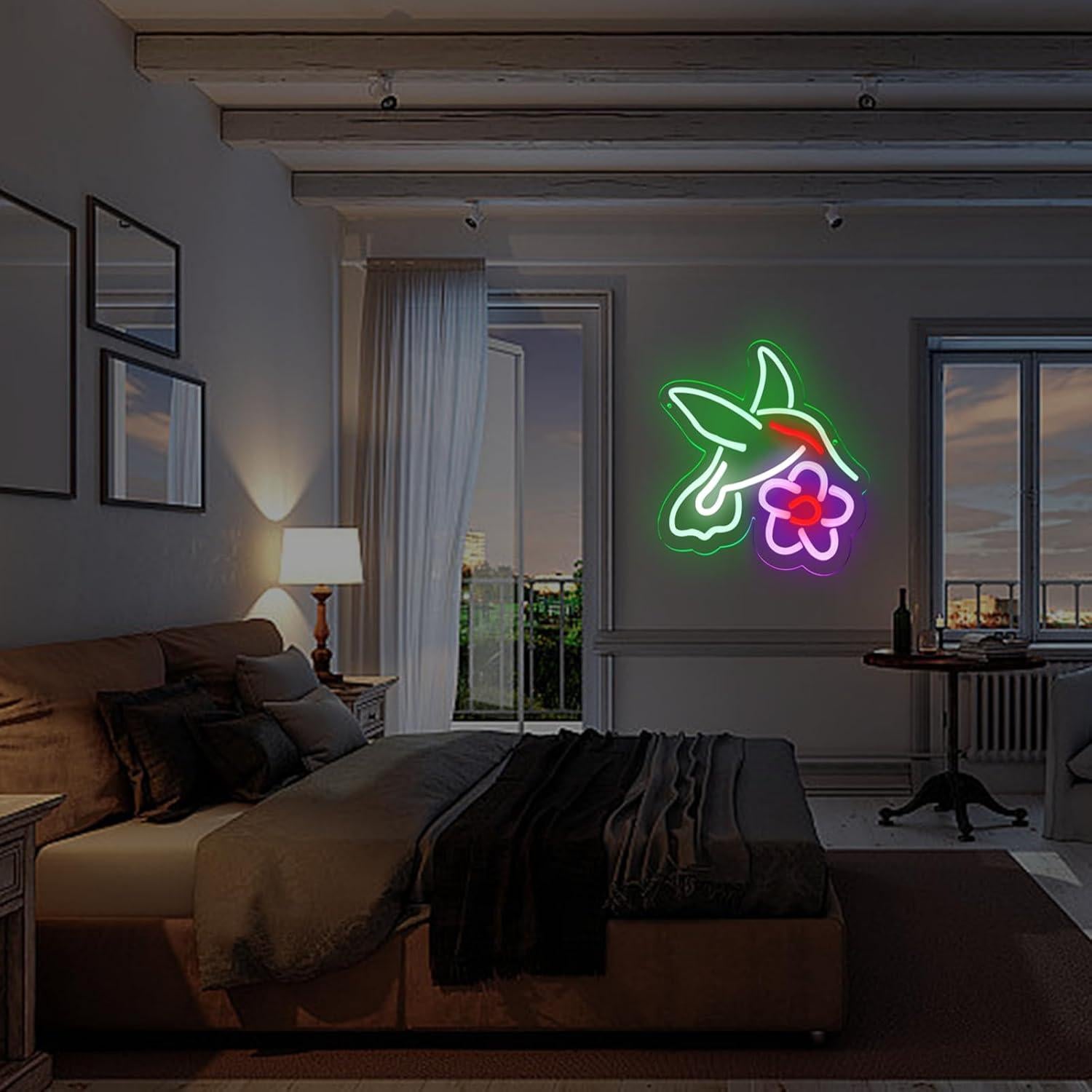 Hummingbird Neon Signs for The Wall Decor, Hummingbird with Flower LED Signs Bird Wall Art Decor, Dimmable Neon Lights for Window Hangings Hummingbird Gift for Home Decor