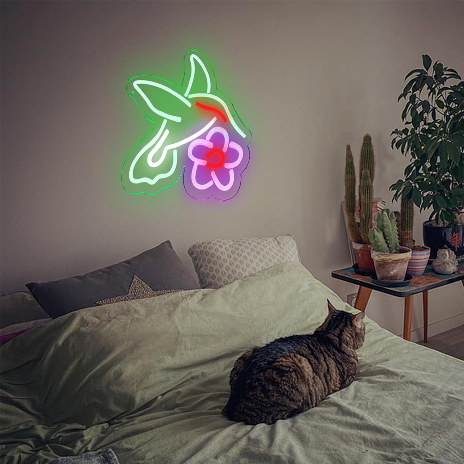 Hummingbird Neon Signs for The Wall Decor, Hummingbird with Flower LED Signs Bird Wall Art Decor, Dimmable Neon Lights for Window Hangings Hummingbird Gift for Home Decor