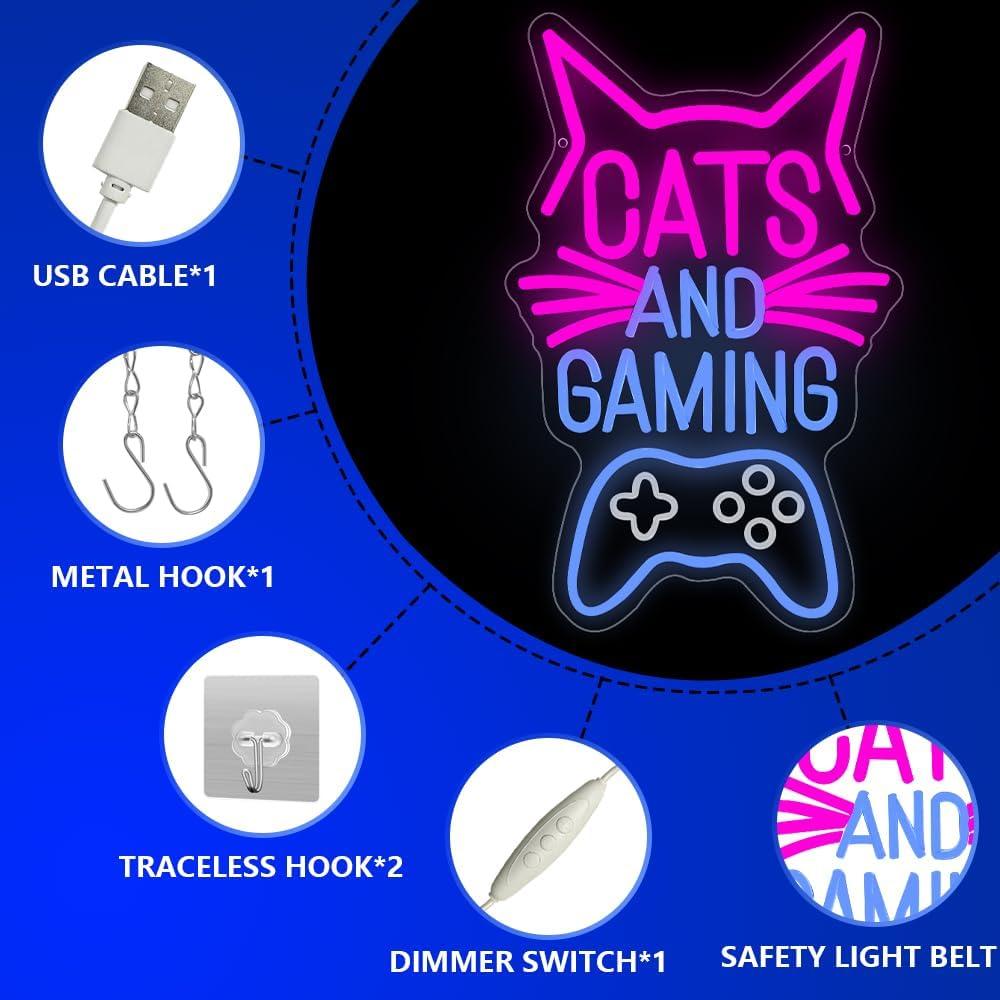 Cartel de Neón Gato y Juegos RuCvixkt 39.6x33.5cm LED USB