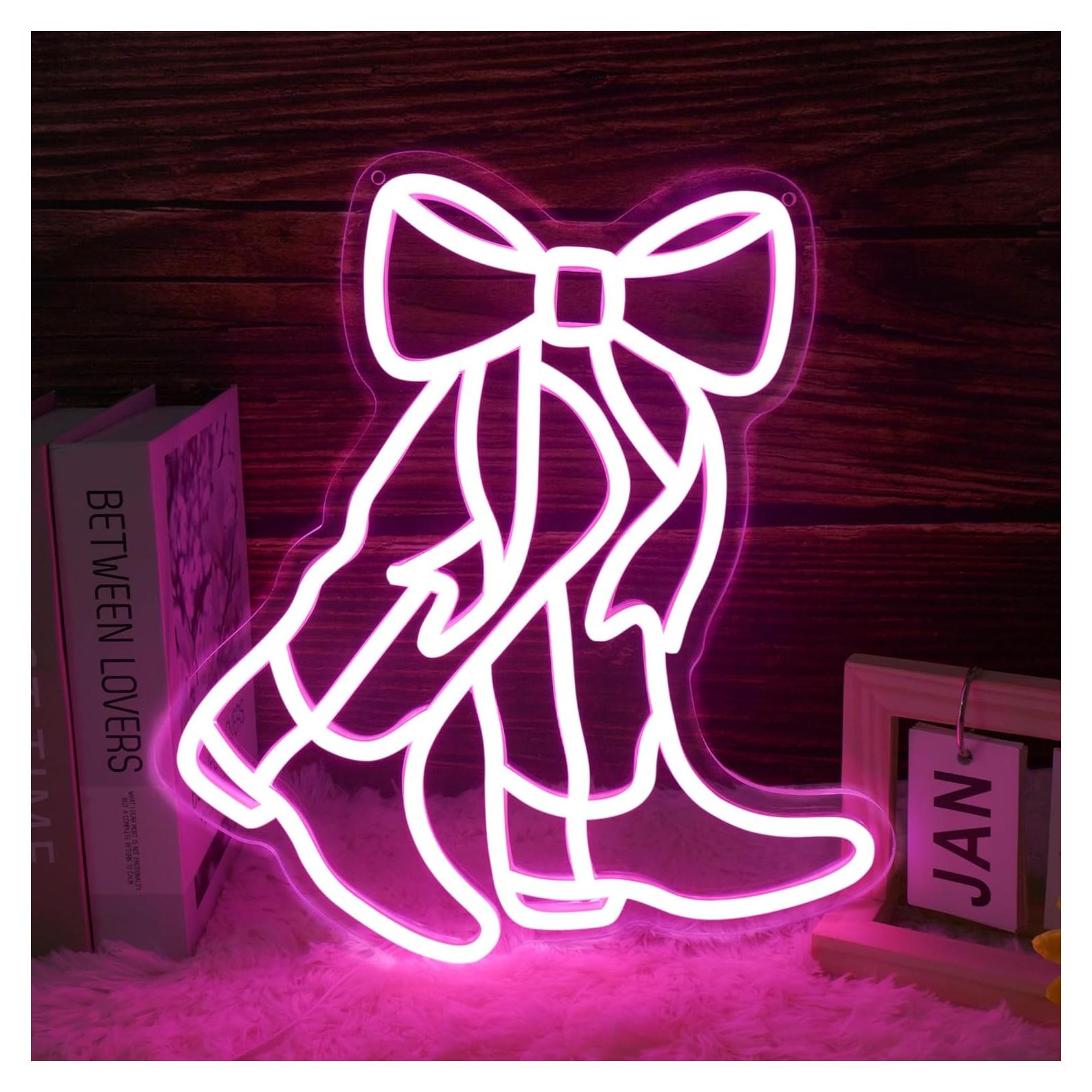 Luz de Neón Botas de Vaquero y Lazo LED Rosa 32.5x29.7cm