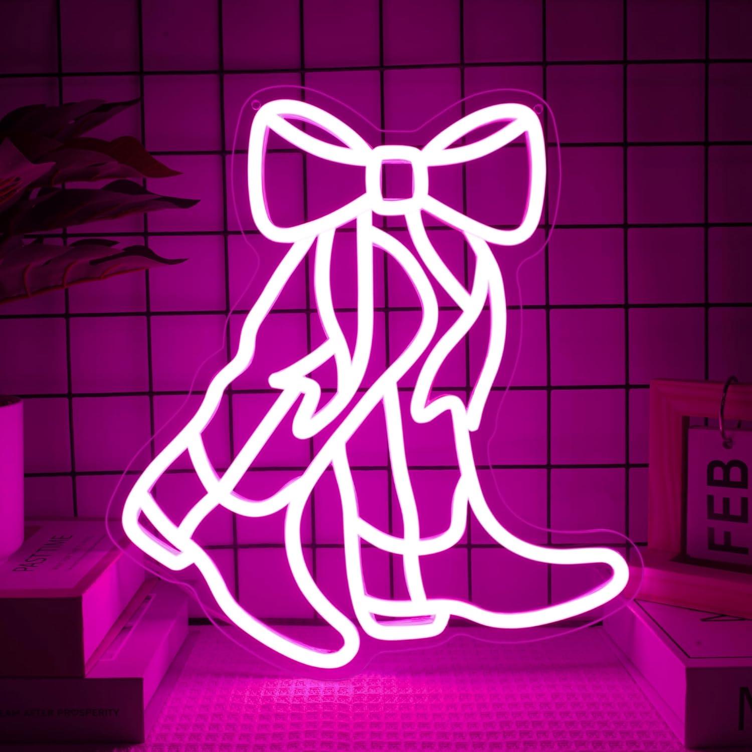 Luz de Neón Botas de Vaquero y Lazo LED Rosa 32.5x29.7cm