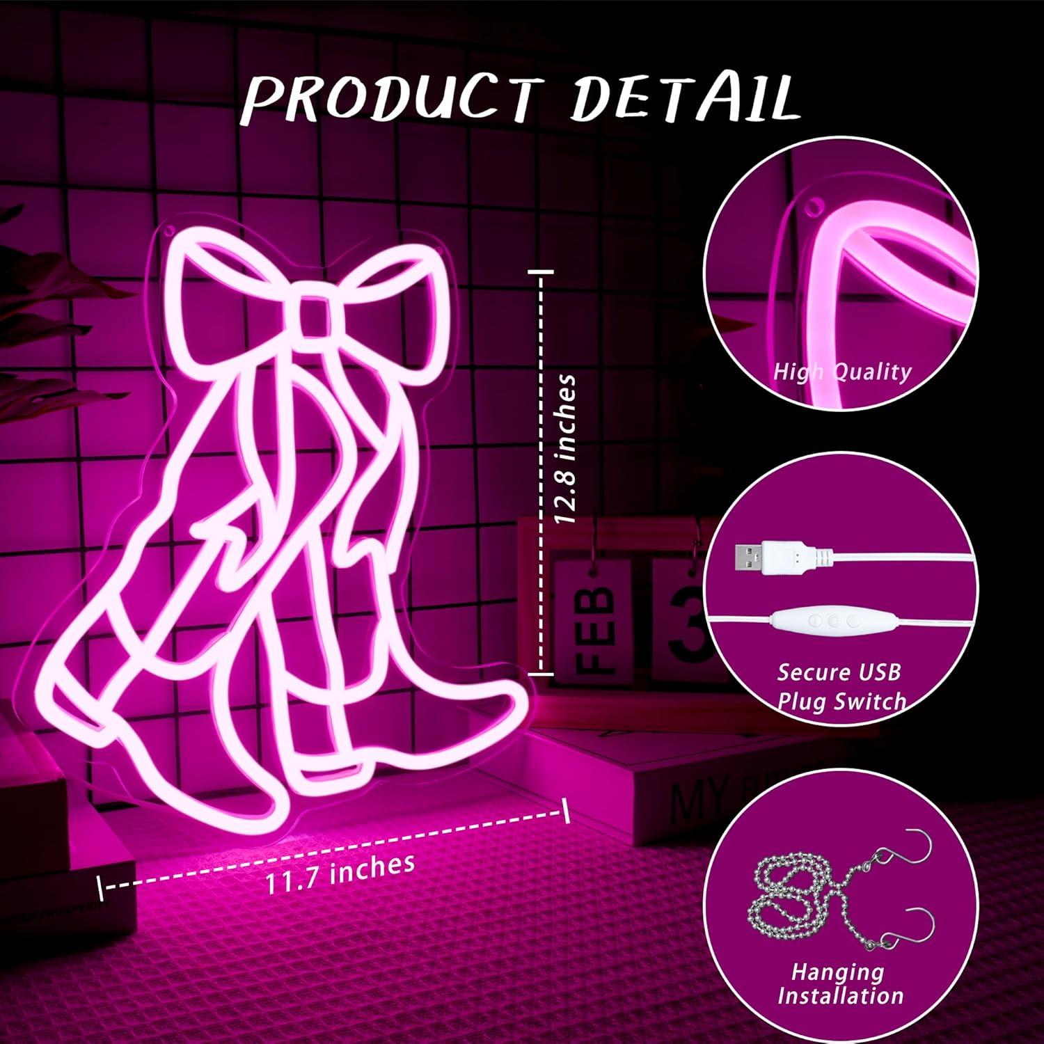 Luz de Neón Botas de Vaquero y Lazo LED Rosa 32.5x29.7cm