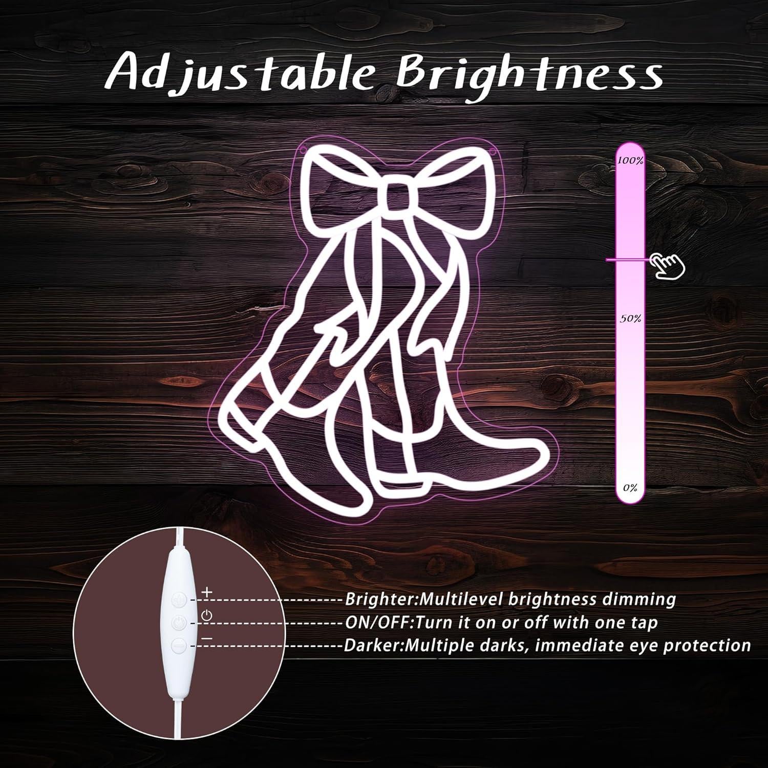 Luz de Neón Botas de Vaquero y Lazo LED Rosa 32.5x29.7cm