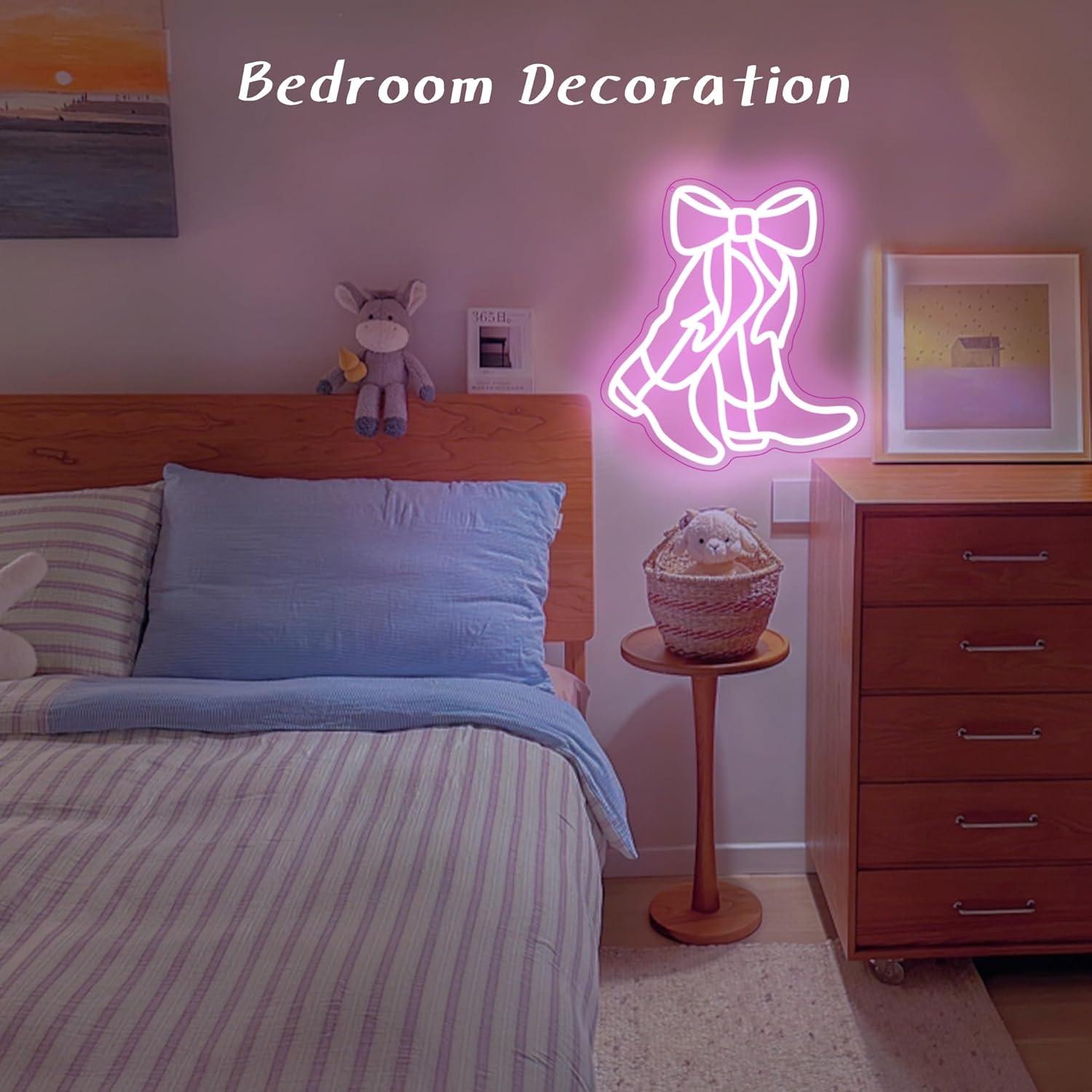 Luz de Neón Botas de Vaquero y Lazo LED Rosa 32.5x29.7cm