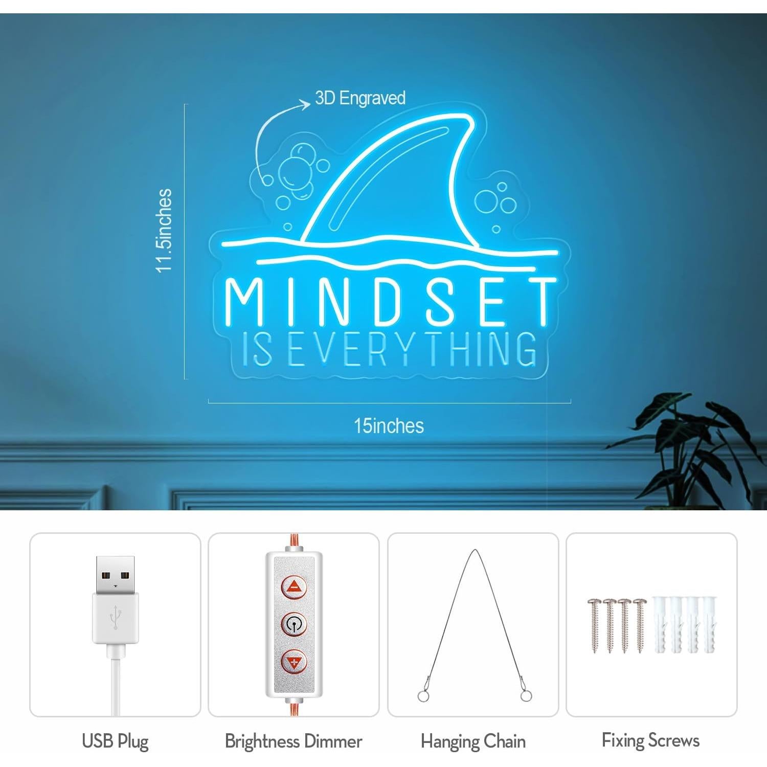 Letrero de Neón Motivacional Housignz - La Mentalidad es Todo - Azul Hielo