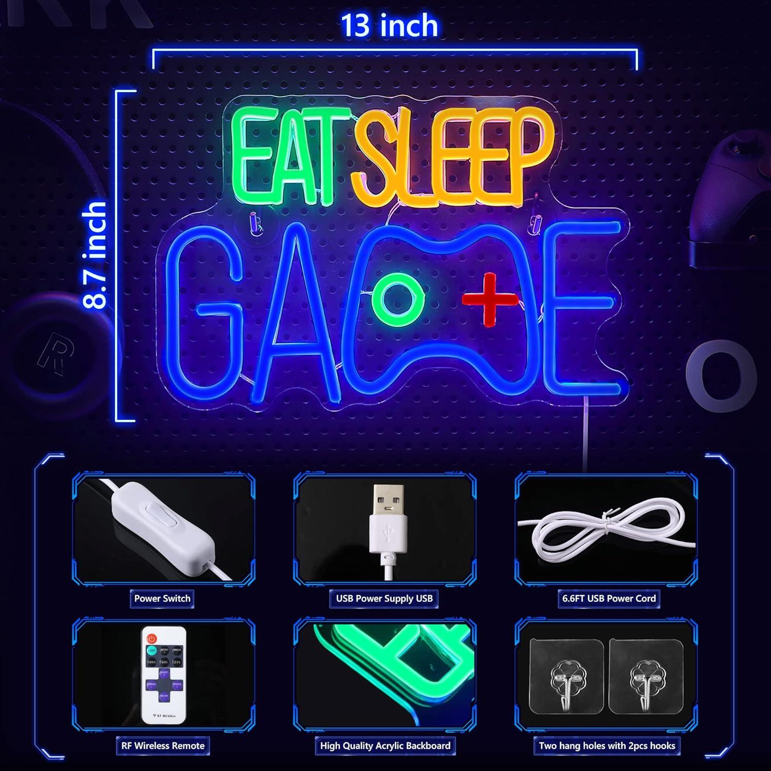 Letrero Neon EAT SLEEP GAME Enhon 33x22cm Luz LED Decoración
