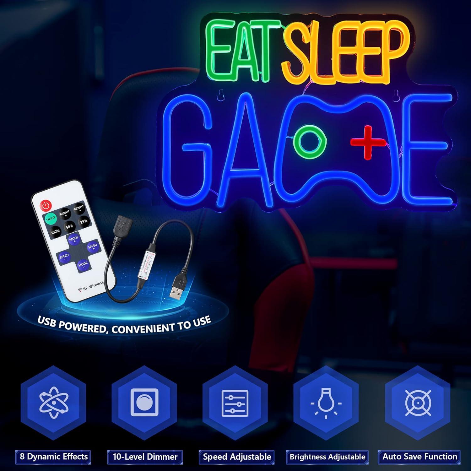 Letrero Neon EAT SLEEP GAME Enhon 33x22cm Luz LED Decoración