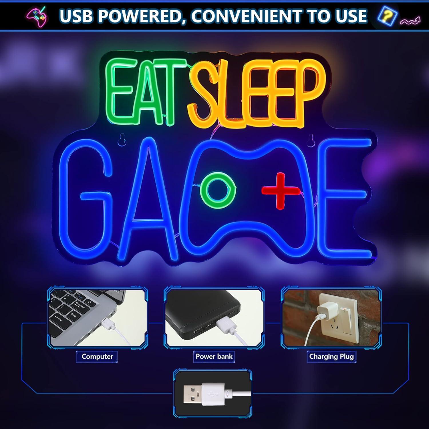 Letrero Neon EAT SLEEP GAME Enhon 33x22cm Luz LED Decoración