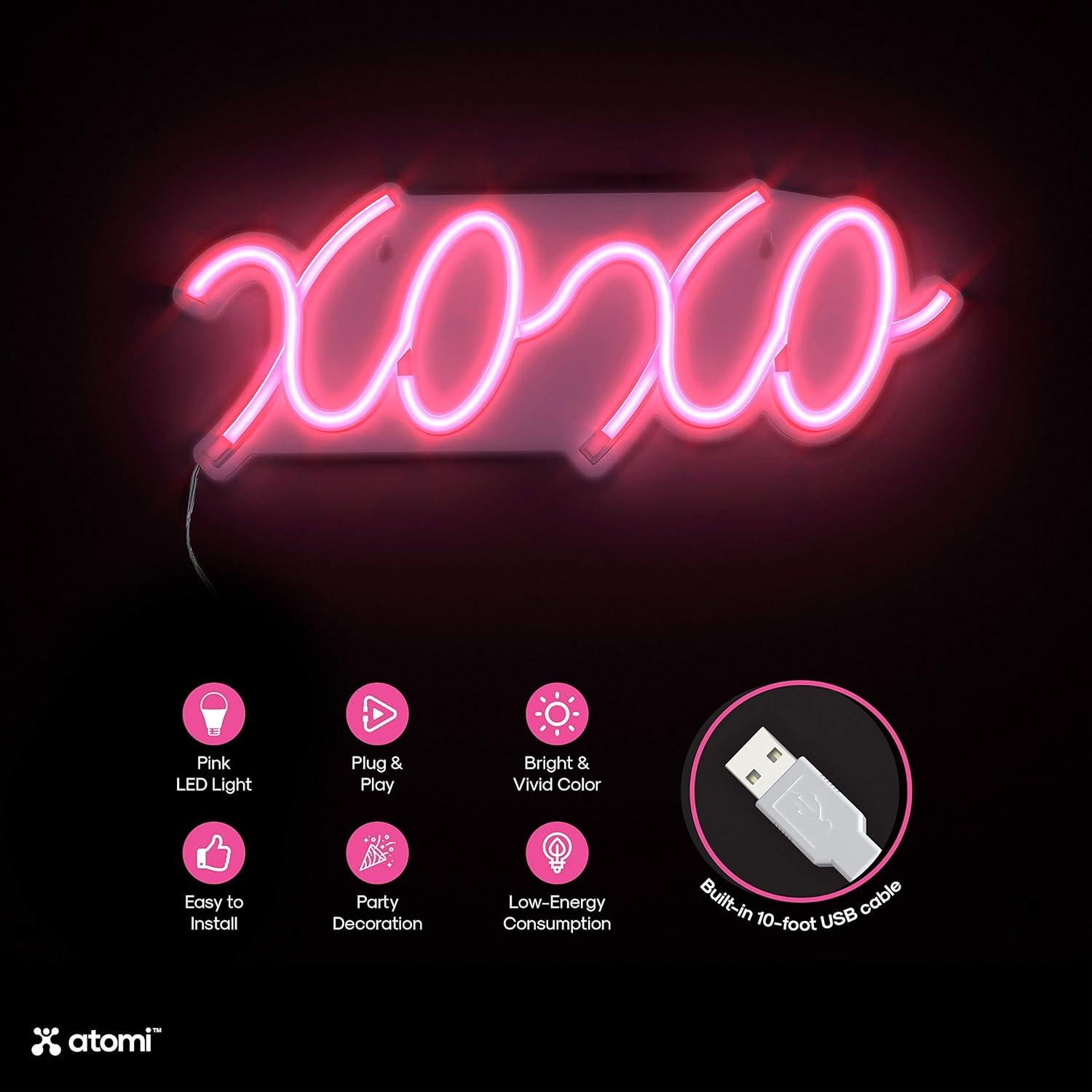 Luz de Neón Atomi XOXO Rosa LED Decorativa 14.6x38.7 cm