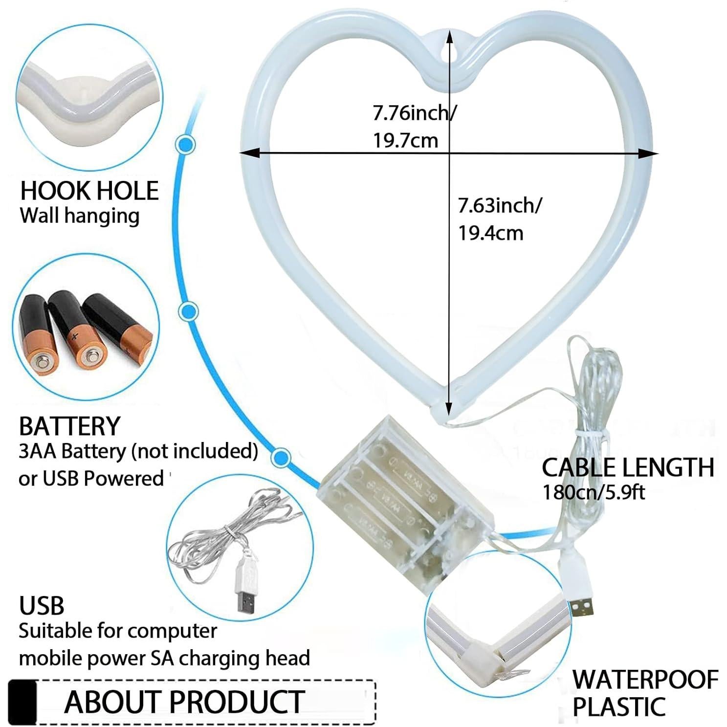 Signo de Neón Corazón Rosa YouOKLight LED USB Batería