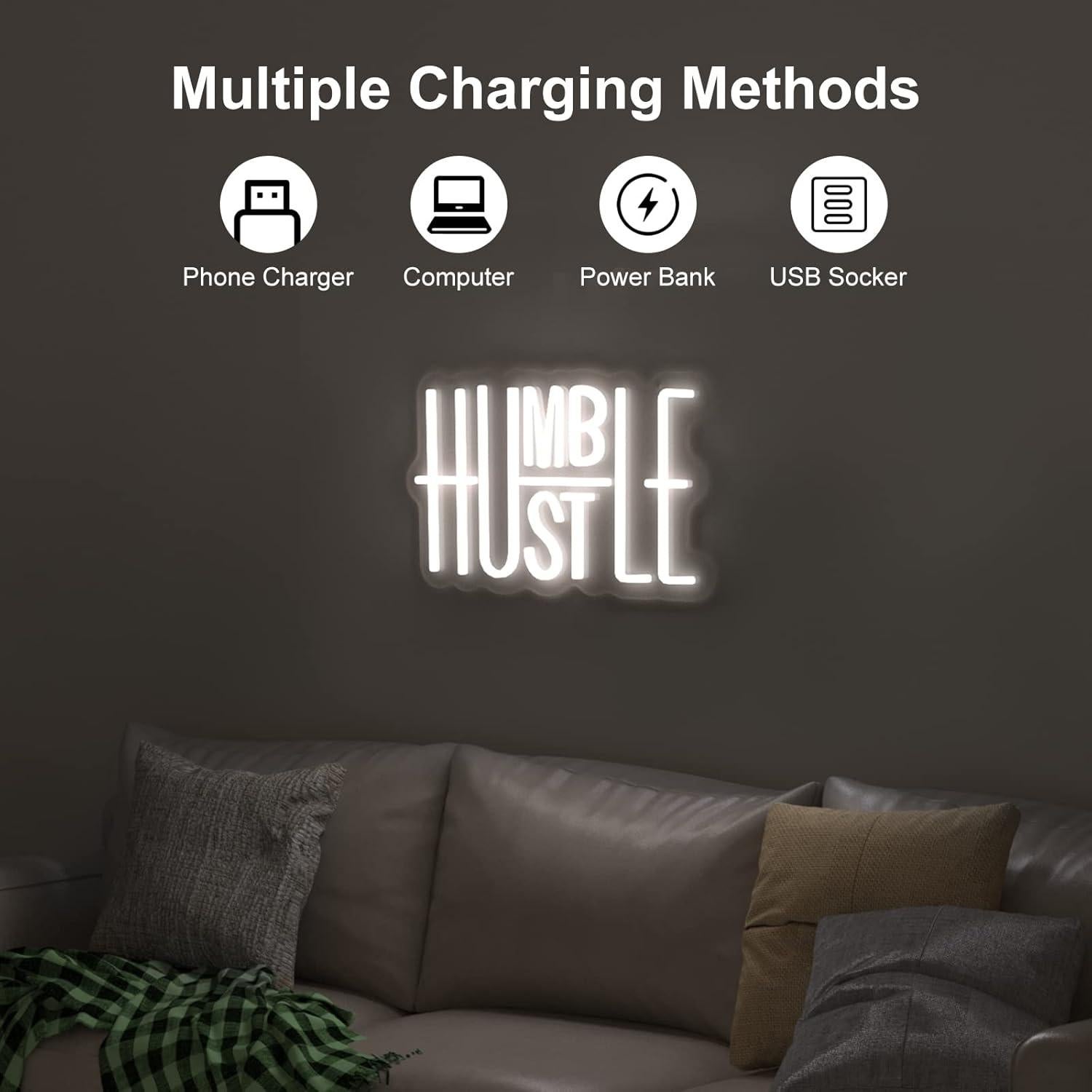 Letrero de Neón Hustle YIKBIK Blanco 25x41 cm USB Ajustable