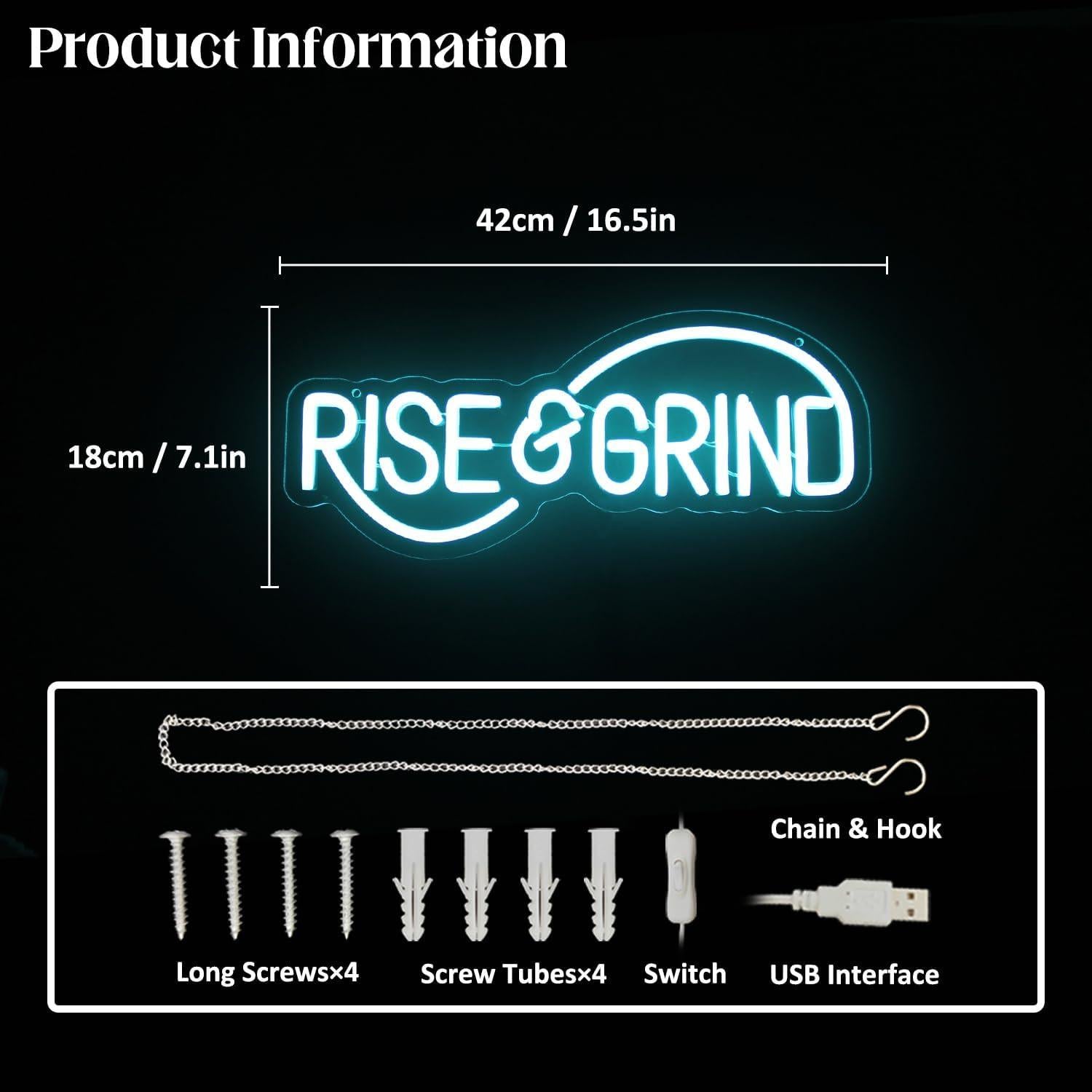 Letrero de Neón LED Rise & Grind Azul Hielo 42x18 cm