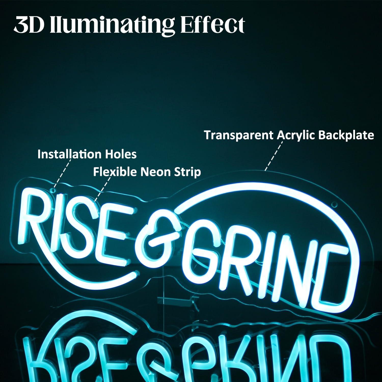 Letrero de Neón LED Rise & Grind Azul Hielo 42x18 cm
