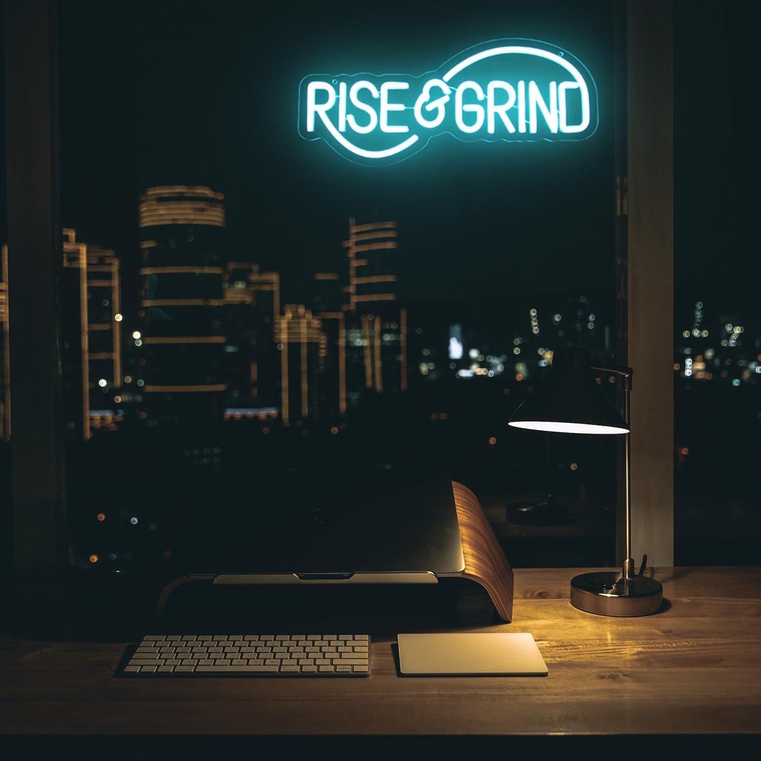 Letrero de Neón LED Rise & Grind Azul Hielo 42x18 cm