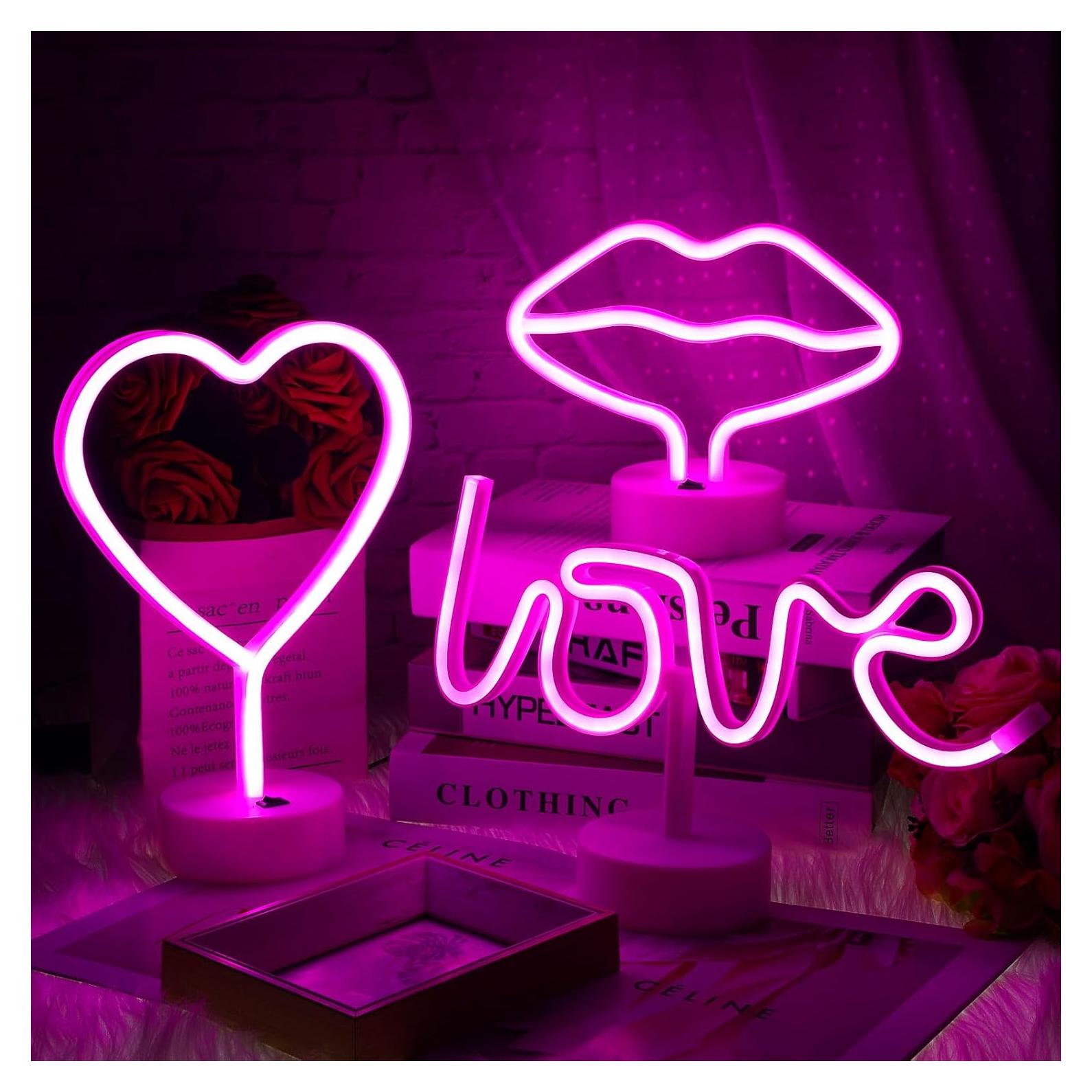 Juego de 3 Luces de Neón Rosa Corazón Liliful LED USB/Batería