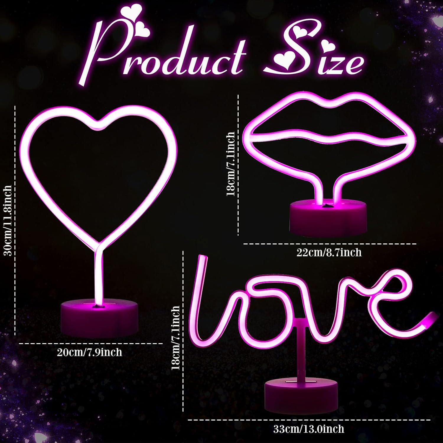 Juego de 3 Luces de Neón Rosa Corazón Liliful LED USB/Batería