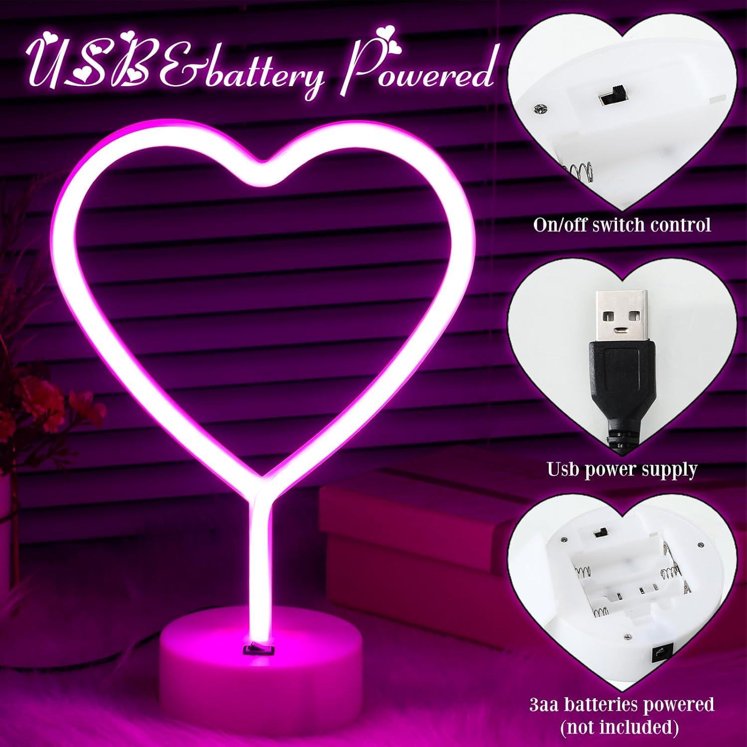 Juego de 3 Luces de Neón Rosa Corazón Liliful LED USB/Batería