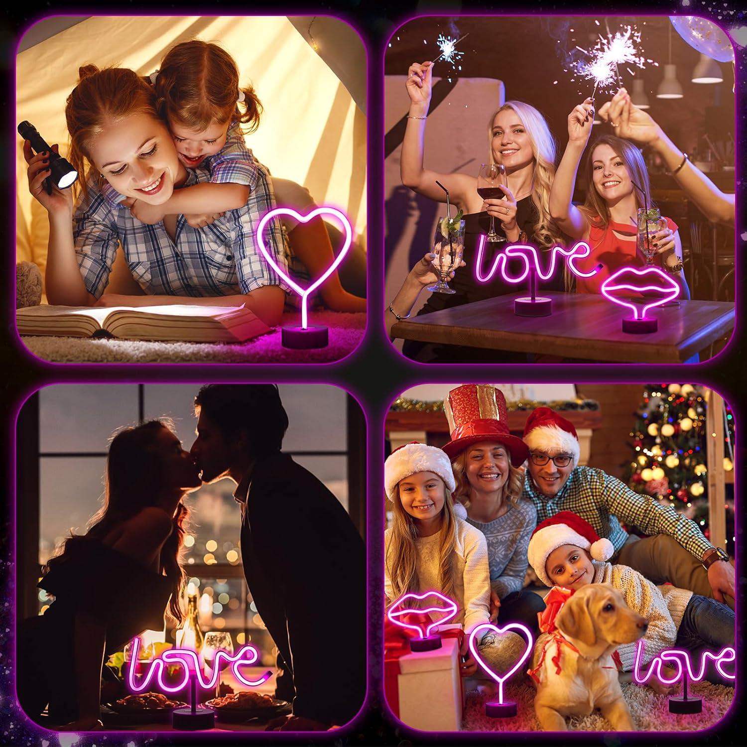 Juego de 3 Luces de Neón Rosa Corazón Liliful LED USB/Batería