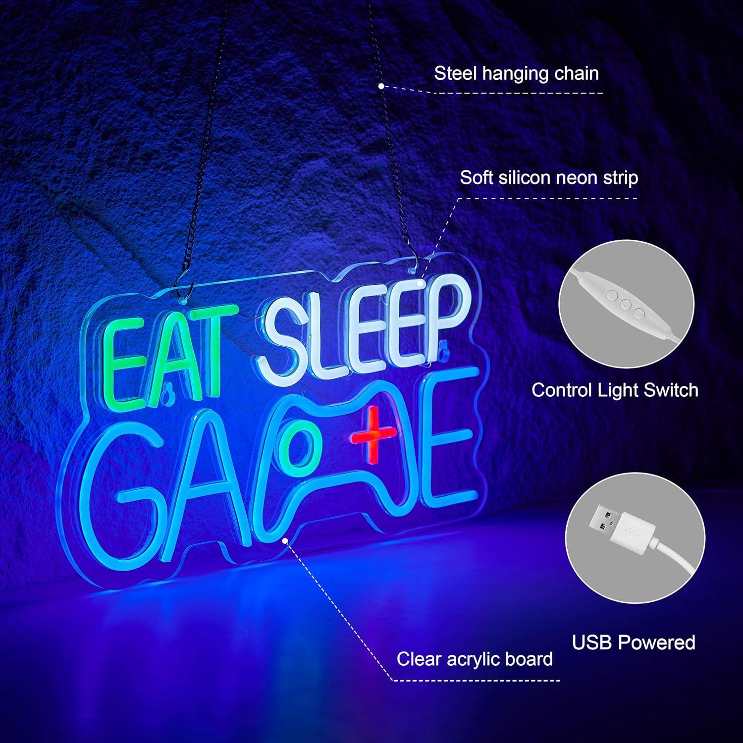 Letrero de Neón LED EAT SLEEP GAME 420x200mm Roouneon
