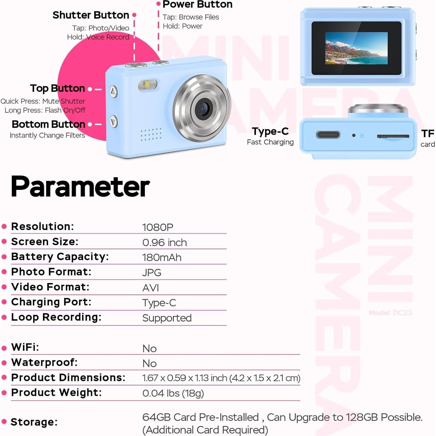 Mini Cámara Llave Dienspeak DC23 1080P 64GB Azul
