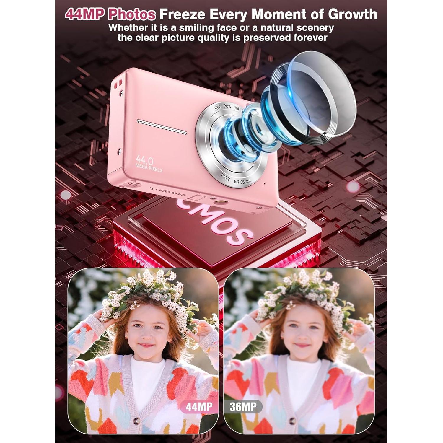 Digital Camera,FHD 1080P Kids Camera 44MP Point and Shoot Digital Cameras with 32GB Card,16X Zoom,Anti-Shake,Date Stamp,Compact Small Cameras Photography for Kids Student Teen Girl Boy(Pink)