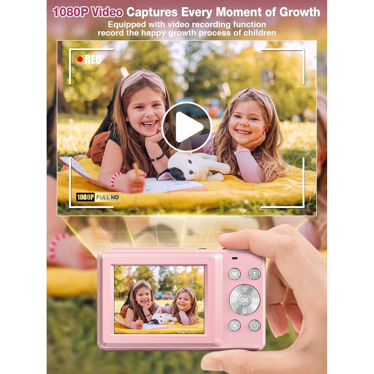 Digital Camera,FHD 1080P Kids Camera 44MP Point and Shoot Digital Cameras with 32GB Card,16X Zoom,Anti-Shake,Date Stamp,Compact Small Cameras Photography for Kids Student Teen Girl Boy(Pink)