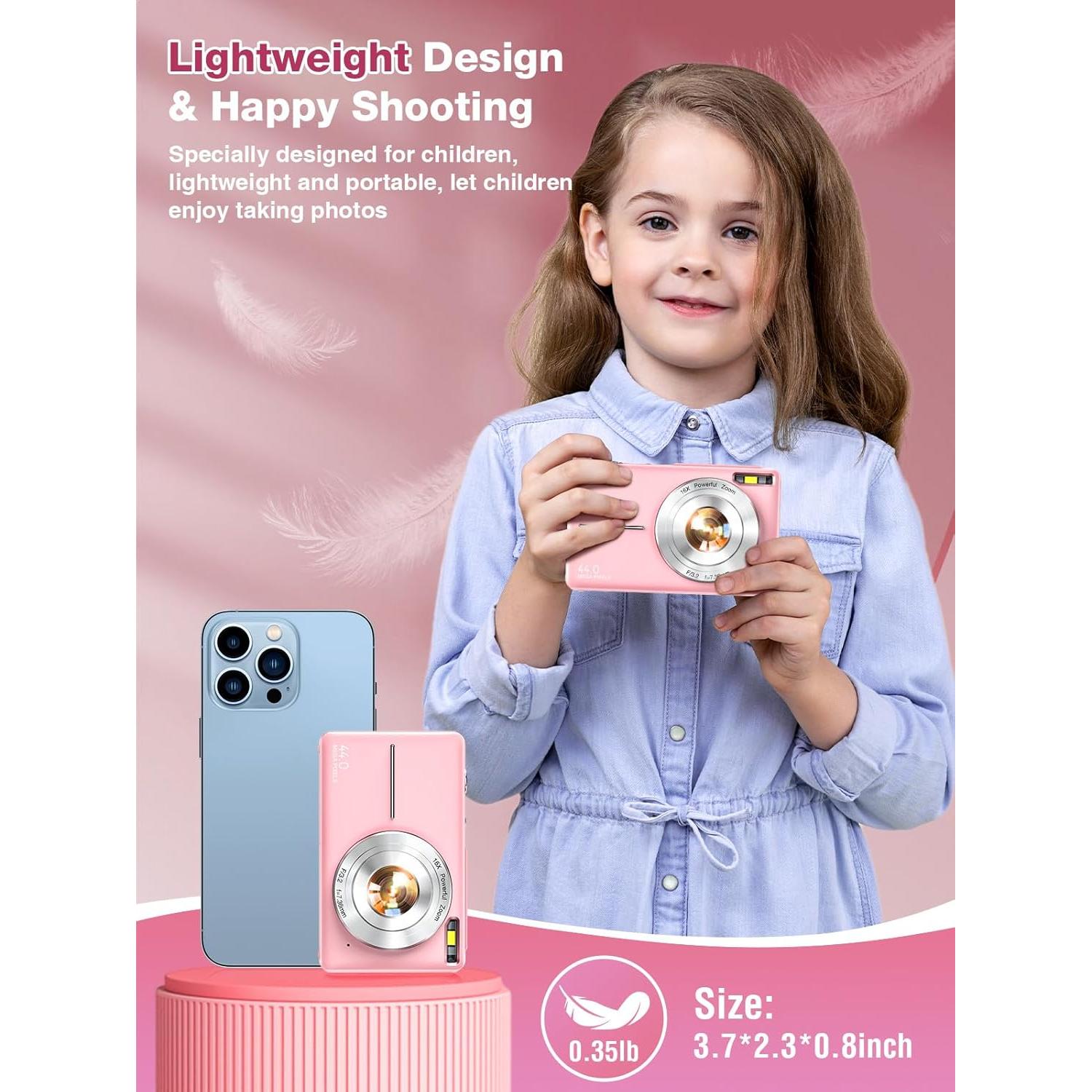 Digital Camera,FHD 1080P Kids Camera 44MP Point and Shoot Digital Cameras with 32GB Card,16X Zoom,Anti-Shake,Date Stamp,Compact Small Cameras Photography for Kids Student Teen Girl Boy(Pink)