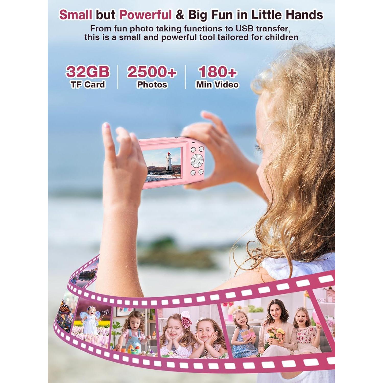 Digital Camera,FHD 1080P Kids Camera 44MP Point and Shoot Digital Cameras with 32GB Card,16X Zoom,Anti-Shake,Date Stamp,Compact Small Cameras Photography for Kids Student Teen Girl Boy(Pink)