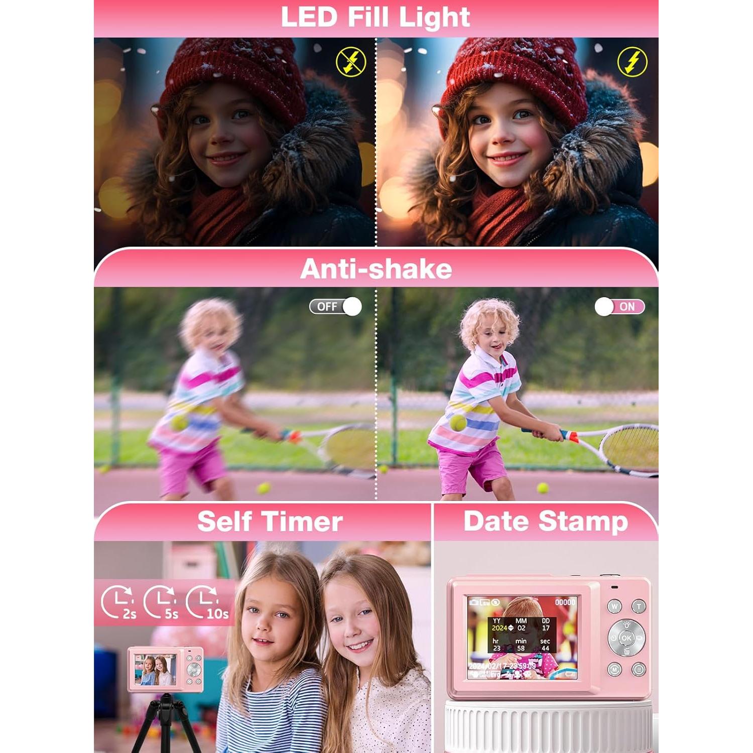 Digital Camera,FHD 1080P Kids Camera 44MP Point and Shoot Digital Cameras with 32GB Card,16X Zoom,Anti-Shake,Date Stamp,Compact Small Cameras Photography for Kids Student Teen Girl Boy(Pink)