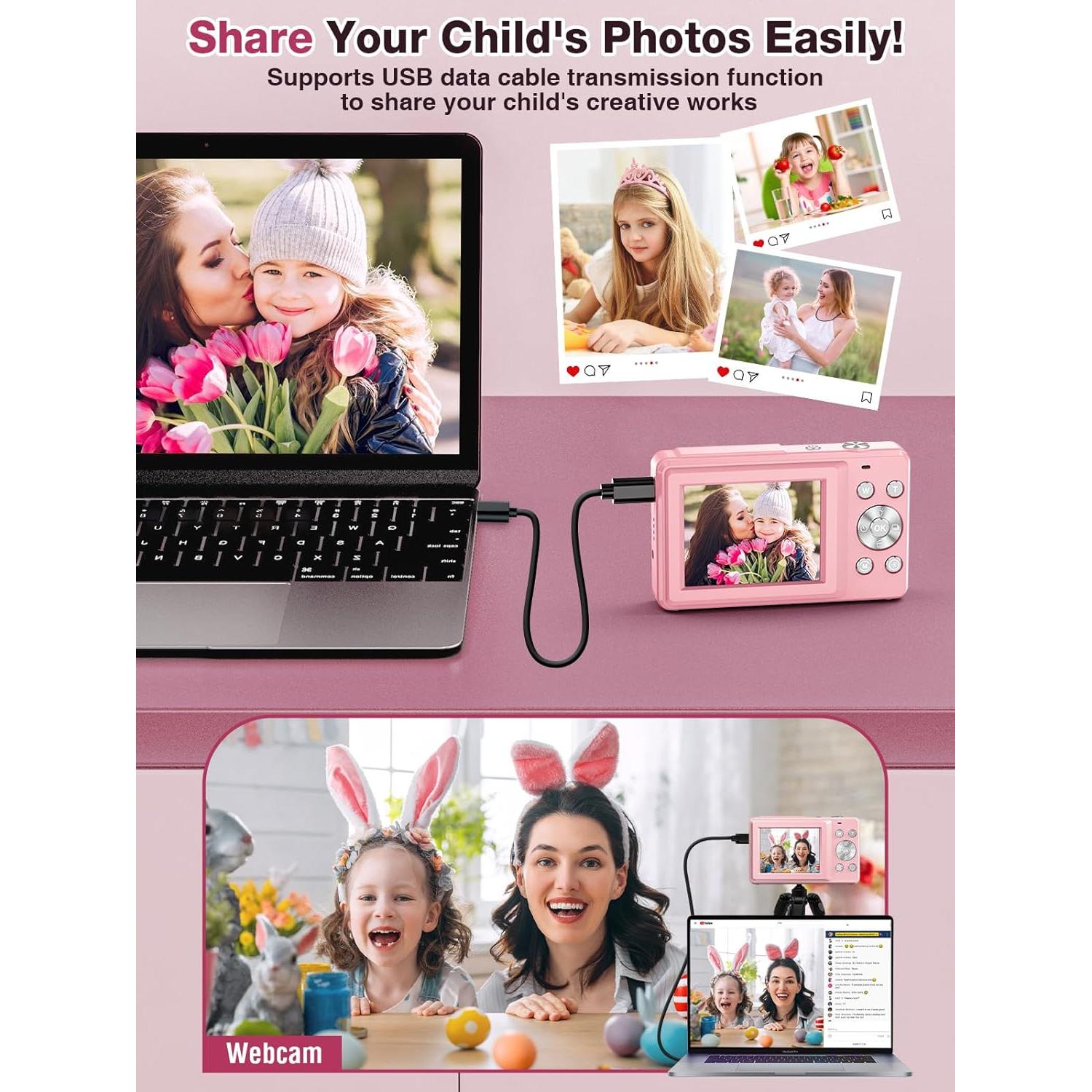 Digital Camera,FHD 1080P Kids Camera 44MP Point and Shoot Digital Cameras with 32GB Card,16X Zoom,Anti-Shake,Date Stamp,Compact Small Cameras Photography for Kids Student Teen Girl Boy(Pink)