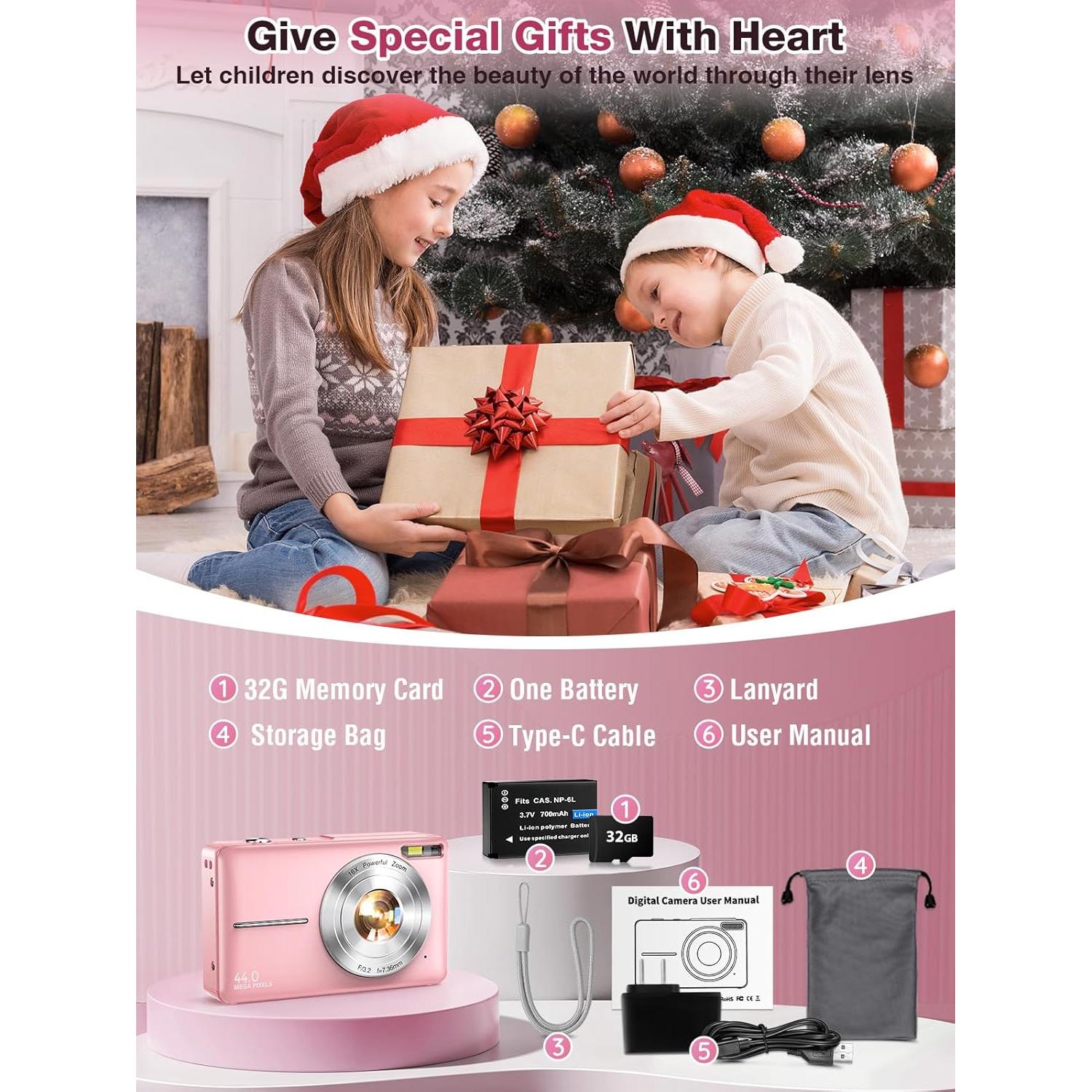 Digital Camera,FHD 1080P Kids Camera 44MP Point and Shoot Digital Cameras with 32GB Card,16X Zoom,Anti-Shake,Date Stamp,Compact Small Cameras Photography for Kids Student Teen Girl Boy(Pink)