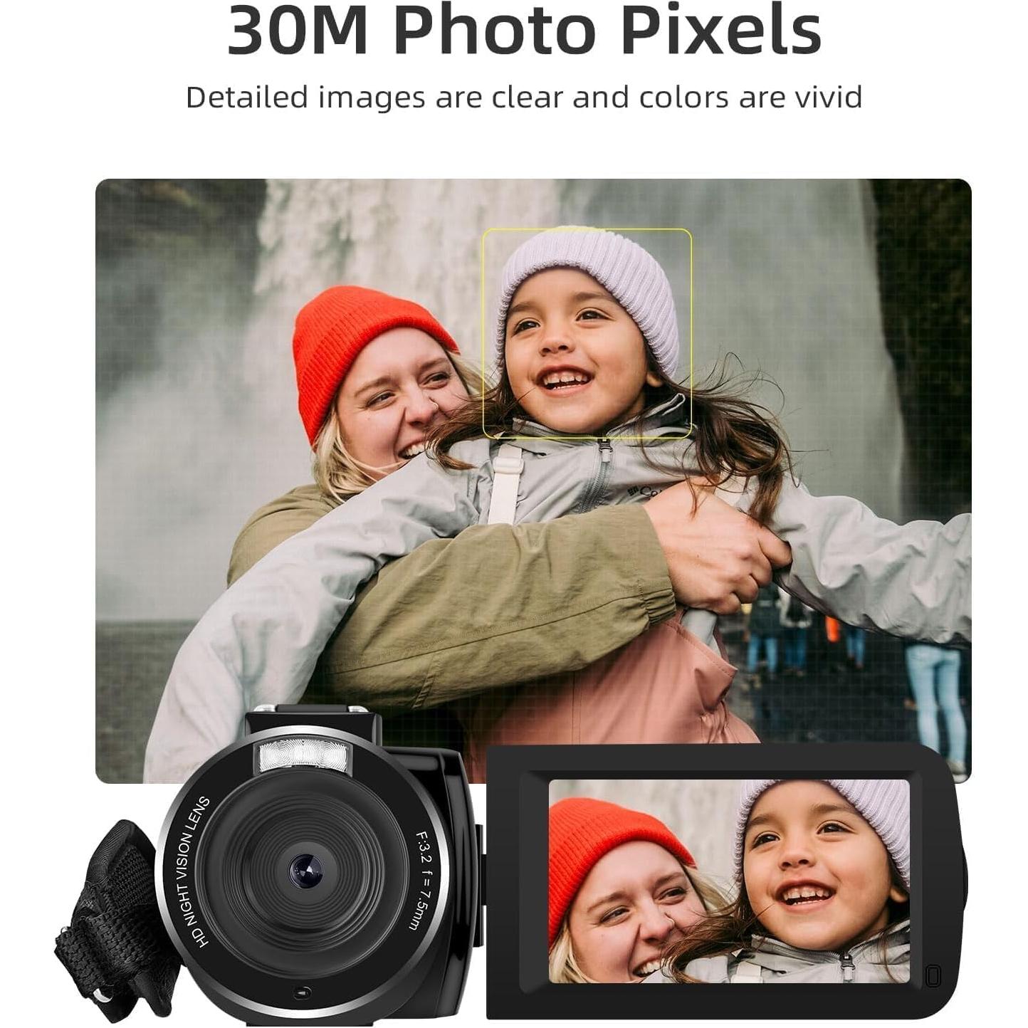 ORDRO Video Camera Camcorder Digital Camera Recorder Full HD 1080P 30FPS 30MP 3.0 Inch 270 Degree Rotation LCD 18X Digital Zoom with 16GB Card and 2 Batteries